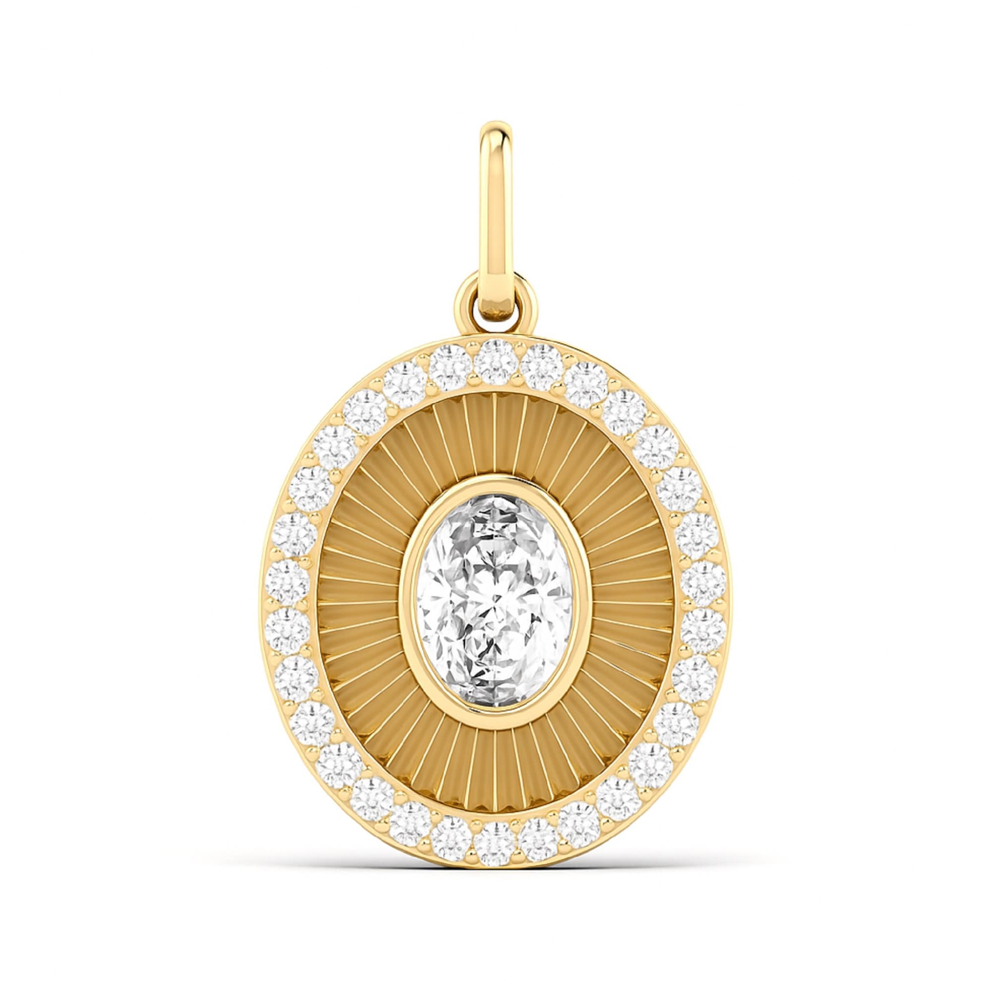 LGD Fluted Oval Halo Pendant (0.8 ct. tw.), On hand view in yellow gold