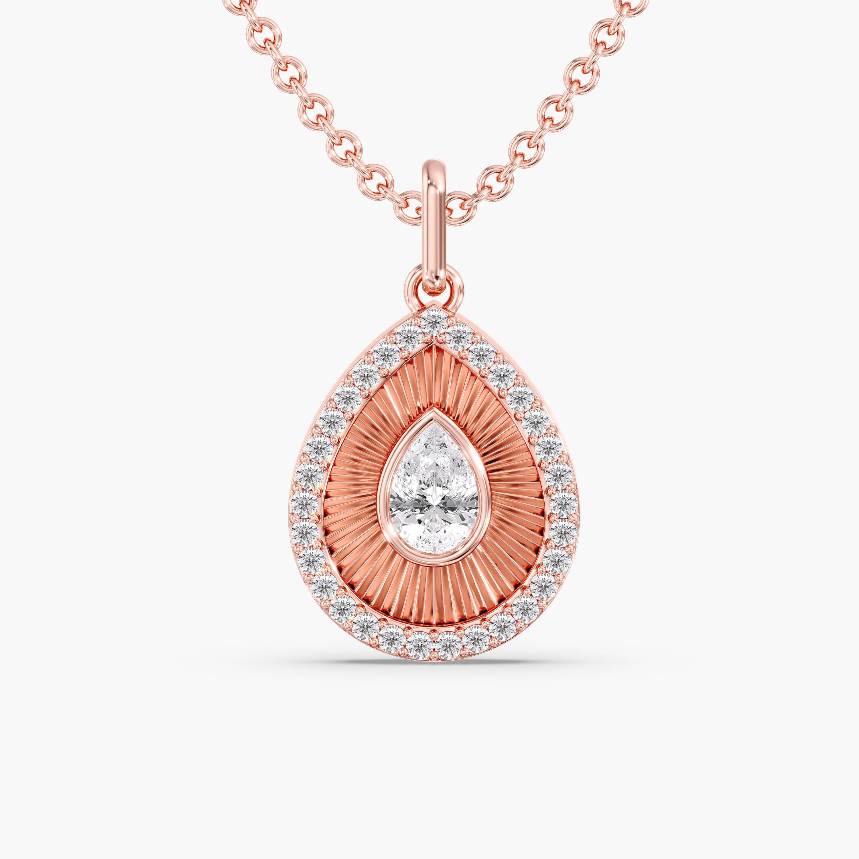 LGD Fluted Pear Halo Pendant (0.8 ct. tw.), Front view in rose gold