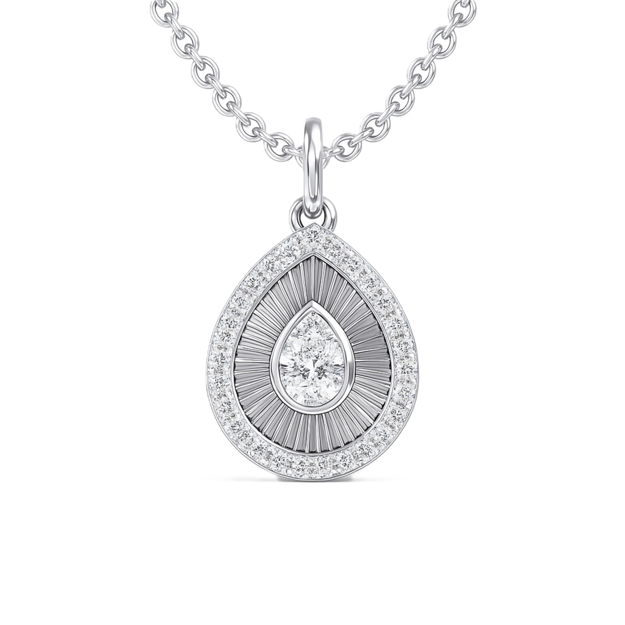 LGD Fluted Pear Halo Pendant (0.8 ct. tw.), On hand view in white gold or platinum