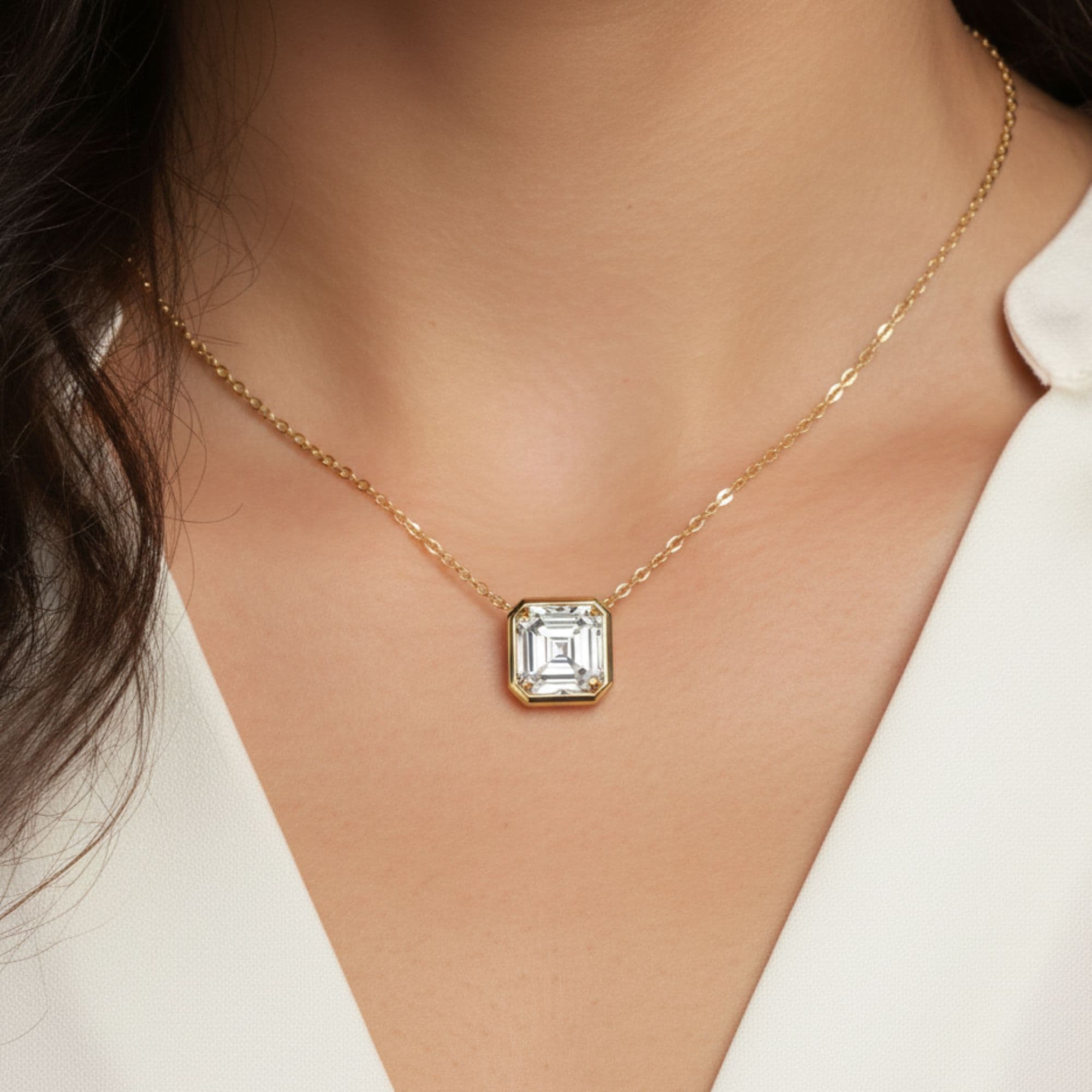 LGD Asscher Cut Pendant w/ Chain (3 ct. tw.), Front view in yellow gold