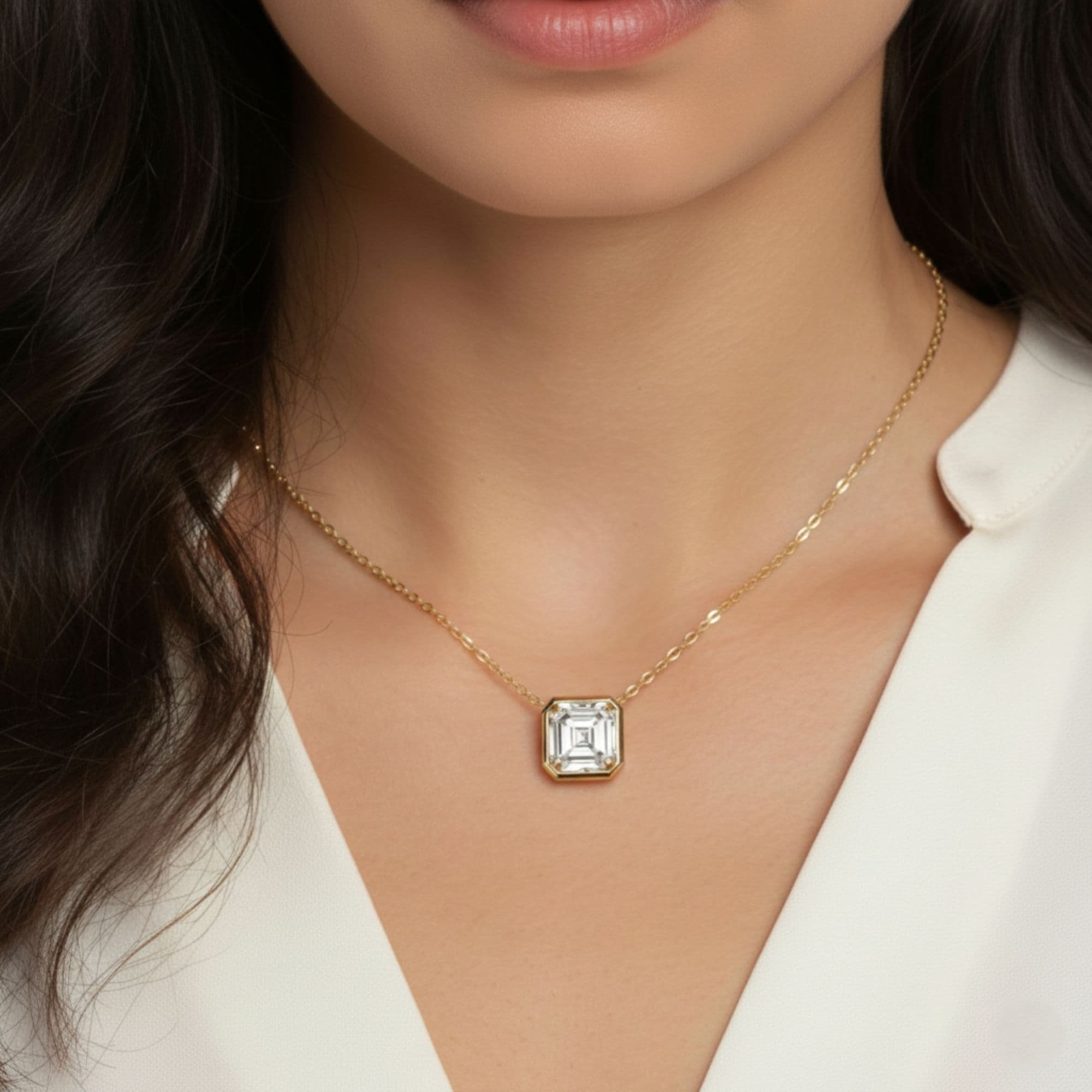 LGD Asscher Cut Pendant w/ Chain (3 ct. tw.), Side view in yellow gold