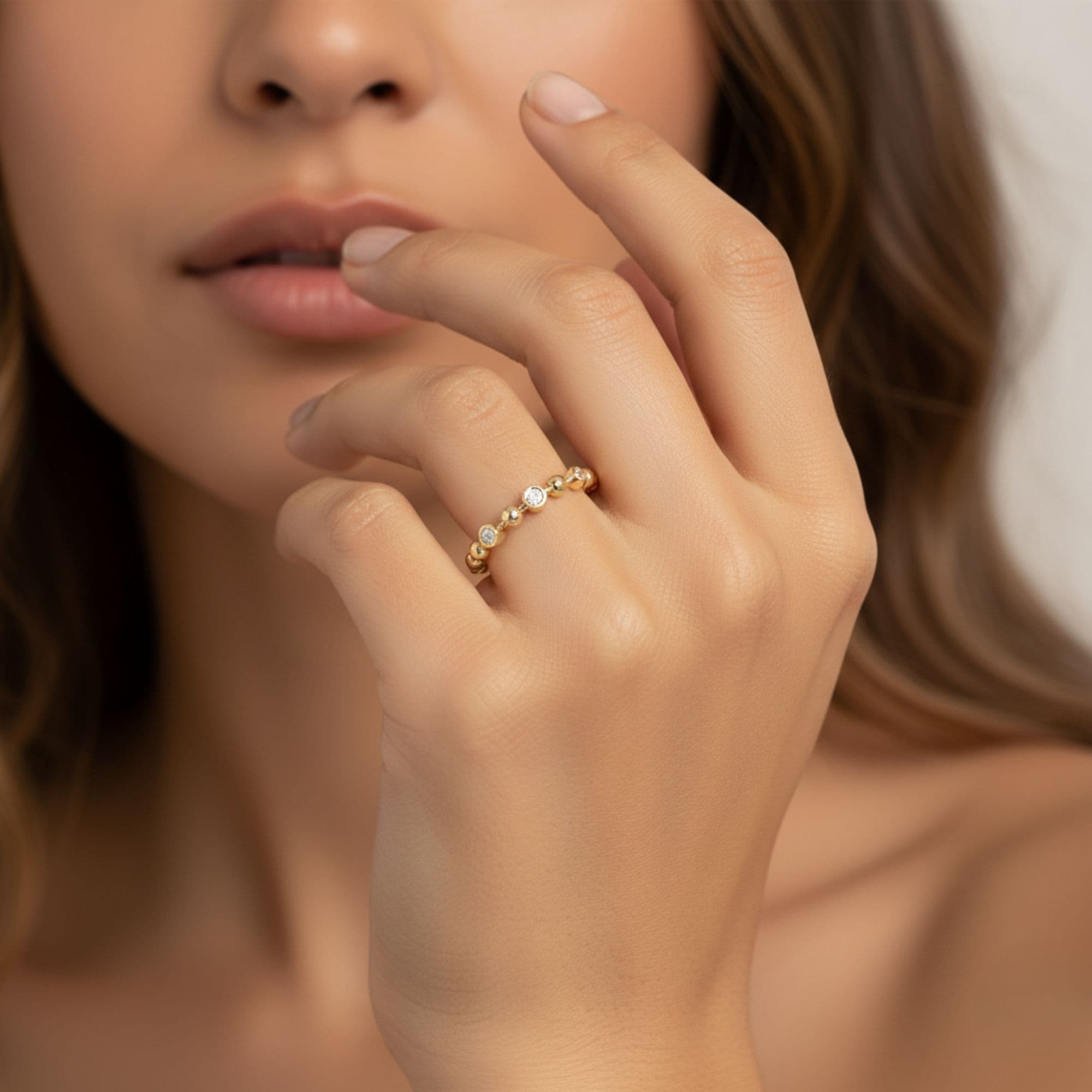 Alternating Bead & Lab Diamond Ring (1/4 ct. tw.), Angle view in yellow gold