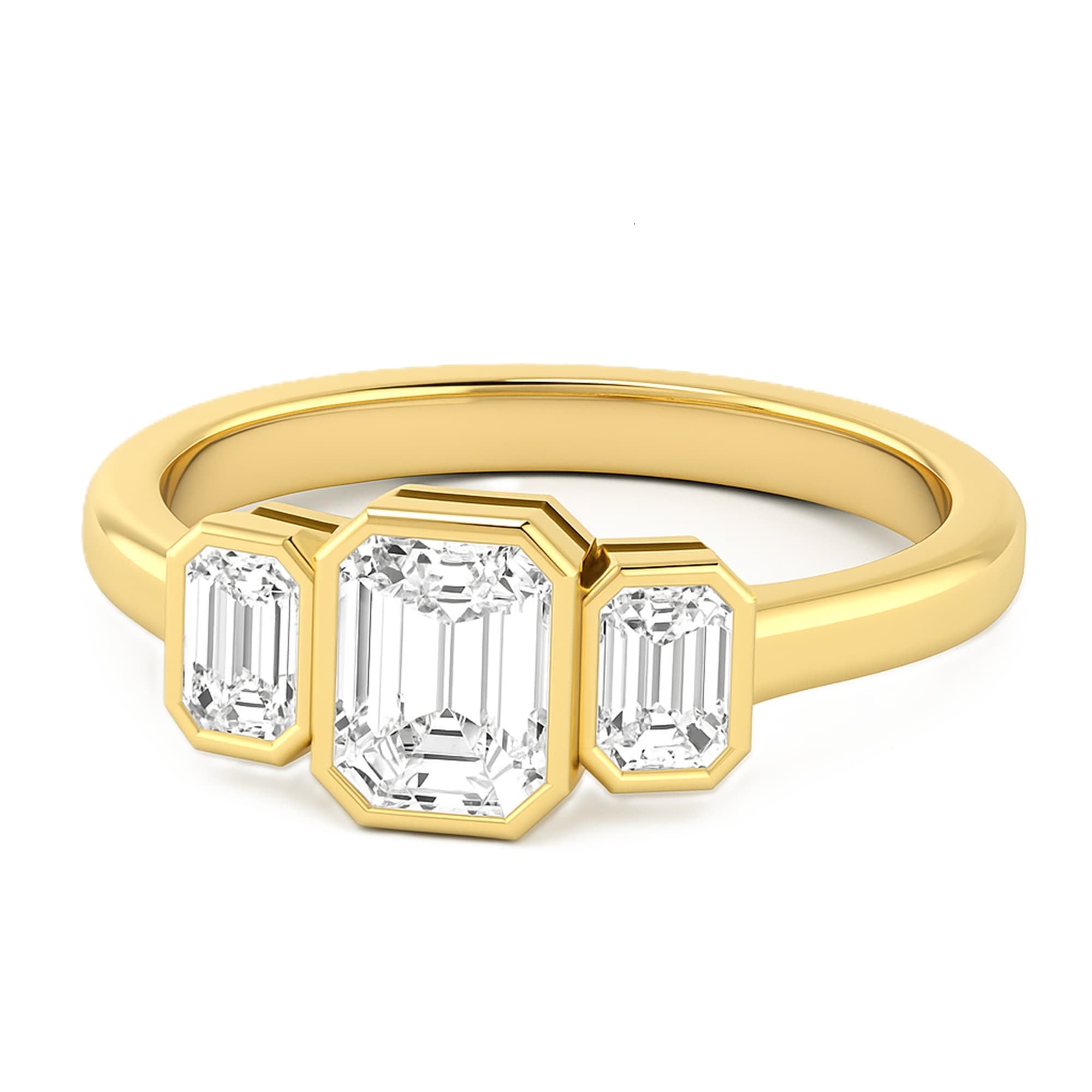 3 Stone Emerald Ring, style L0224R, On hand view in yellow gold