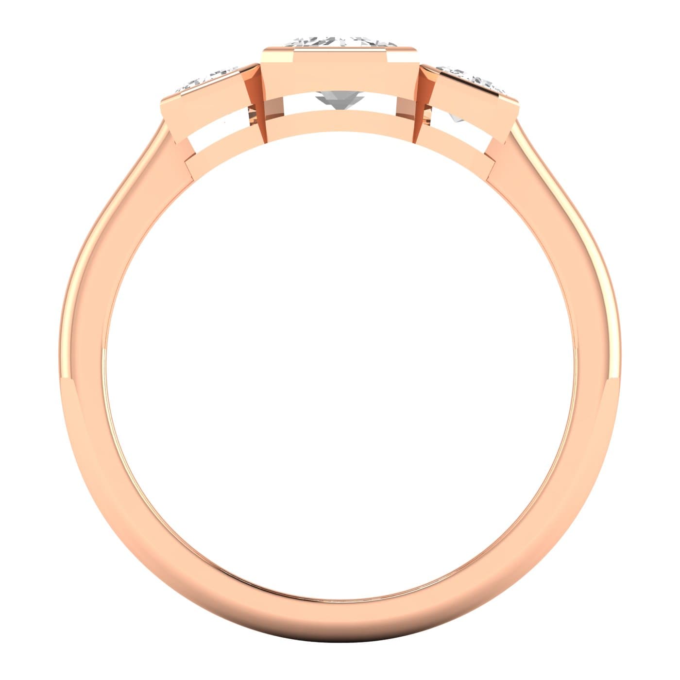 3 Stone Emerald Ring, style L0224R, Side view in rose gold