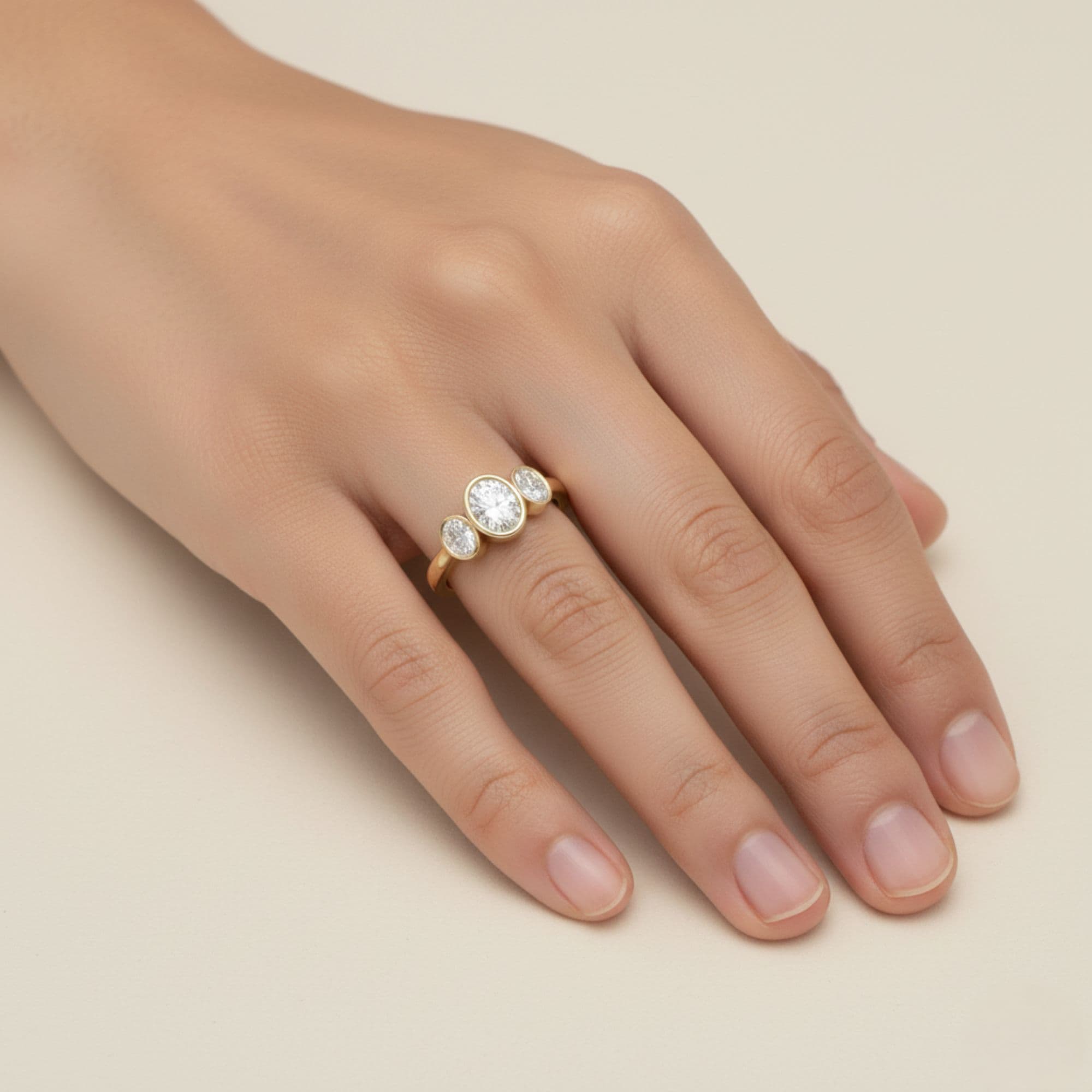 3 Stone Oval Ring, style L0225R, Front view in yellow gold