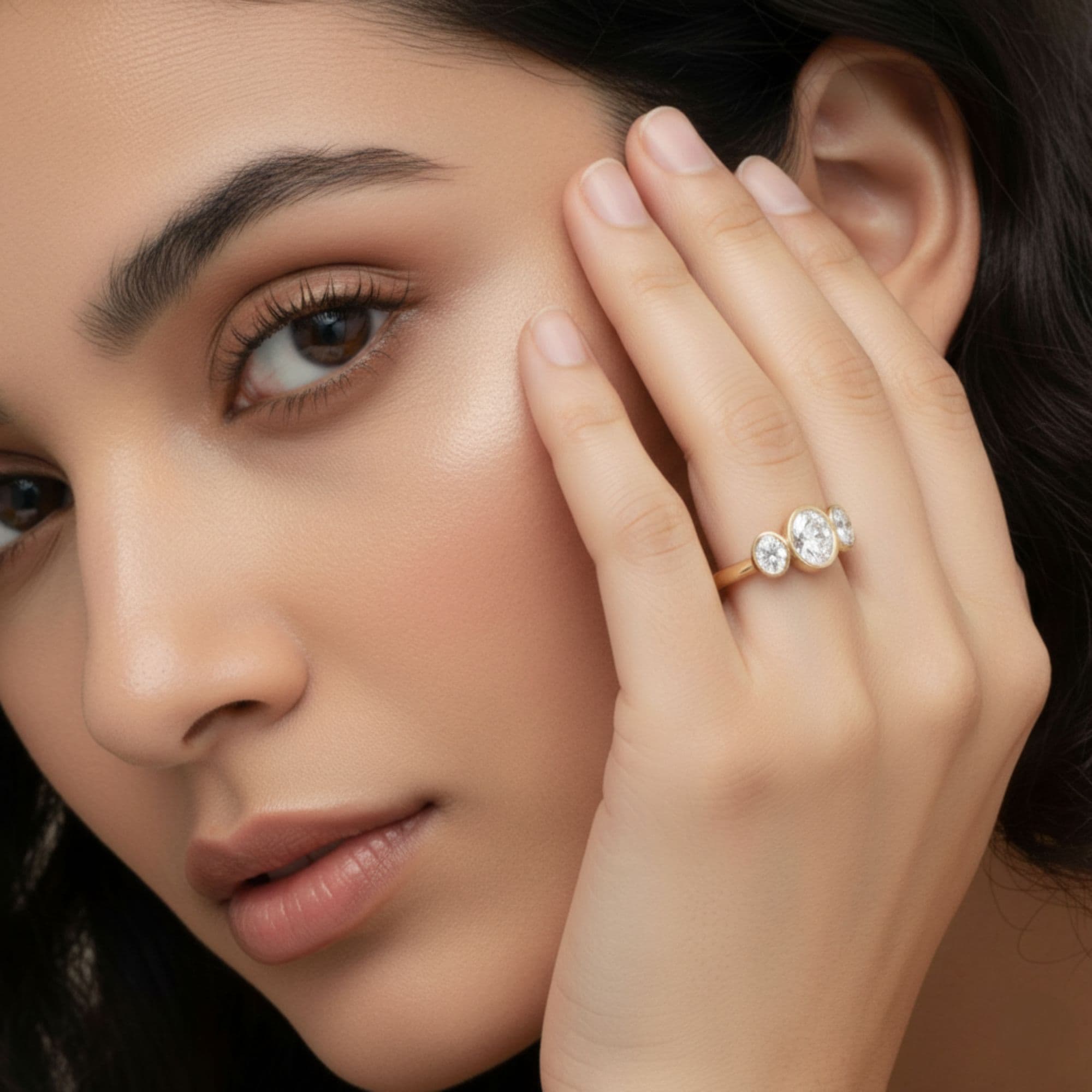 3 Stone Oval Ring, style L0225R, Angle view in yellow gold