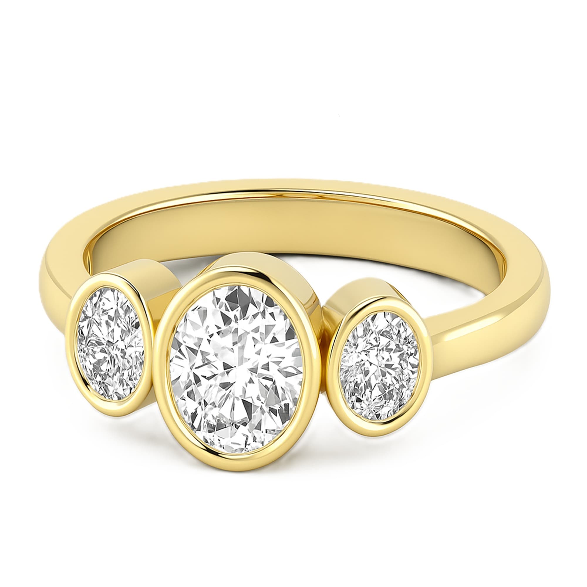 3 Stone Oval Ring, style L0225R, On hand view in yellow gold