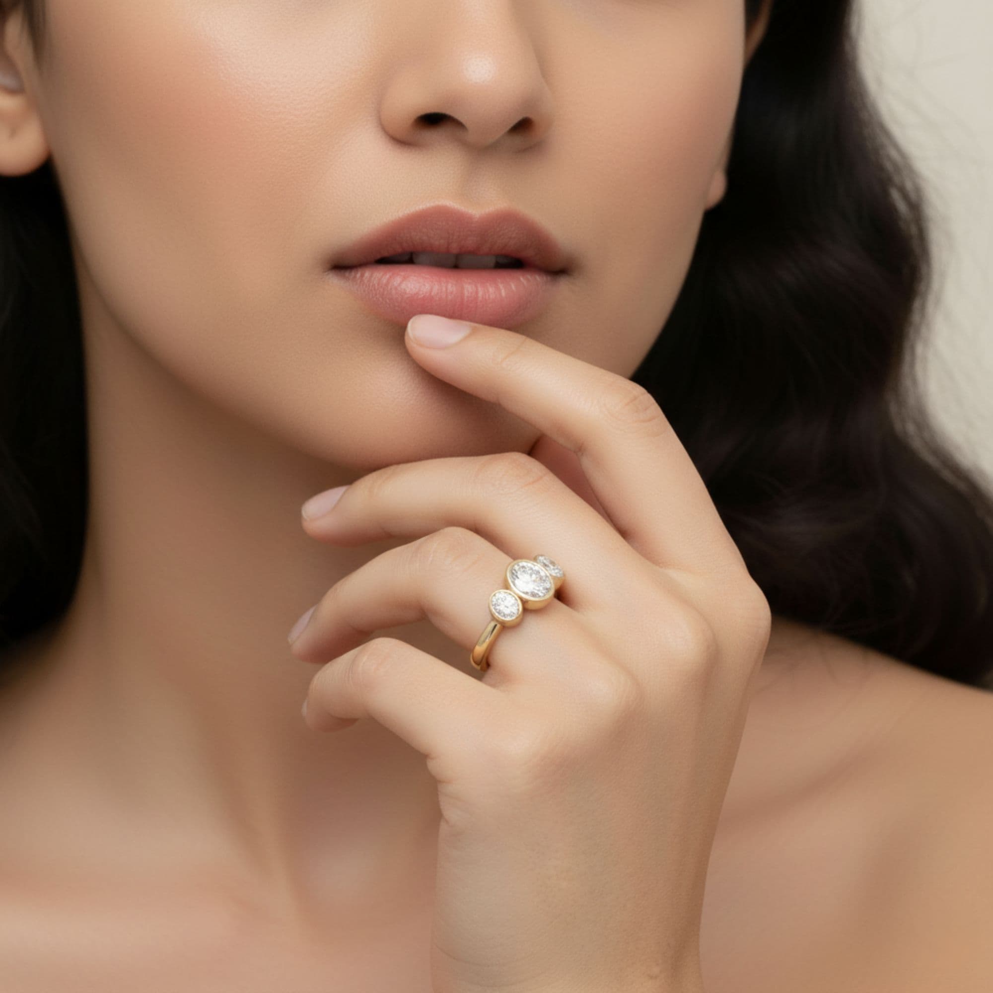 3 Stone Oval Ring, style L0225R, Side view in yellow gold