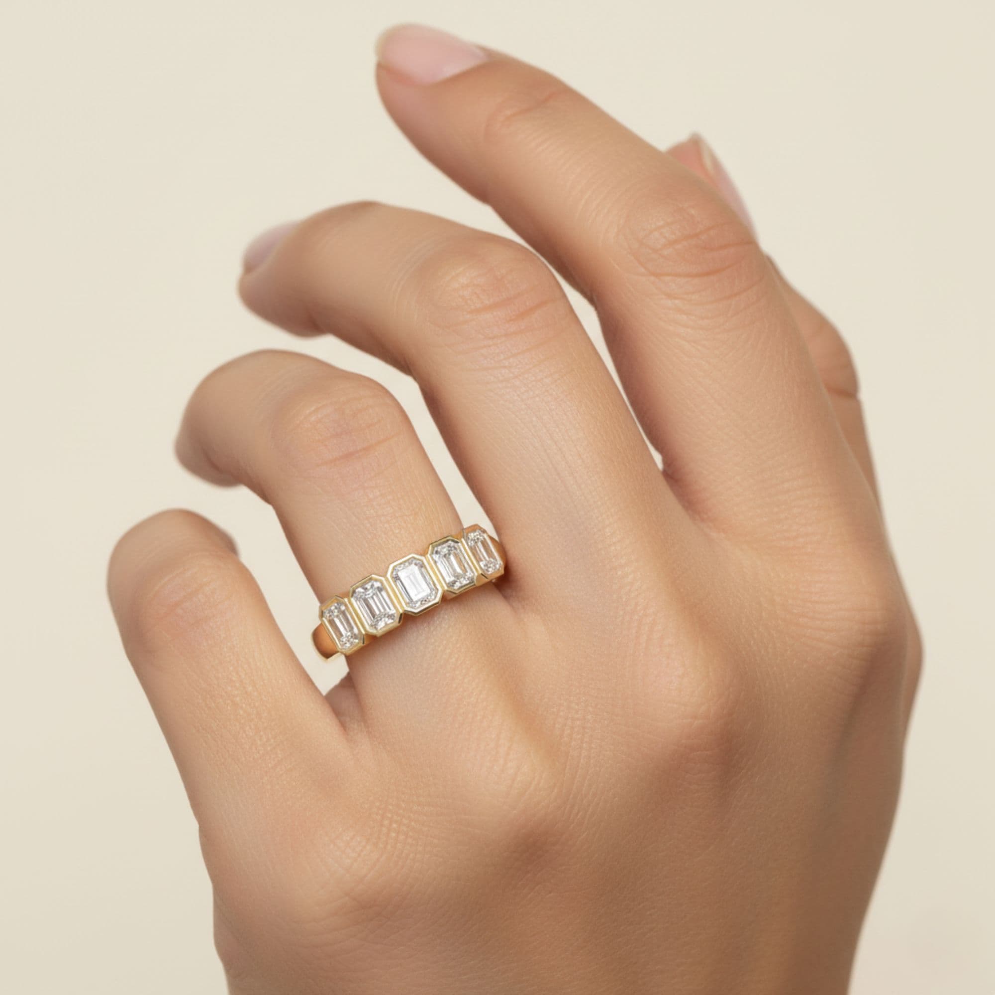 5 Stone Emerald Ring (1 1/2 ct. tw.), Front view in yellow gold