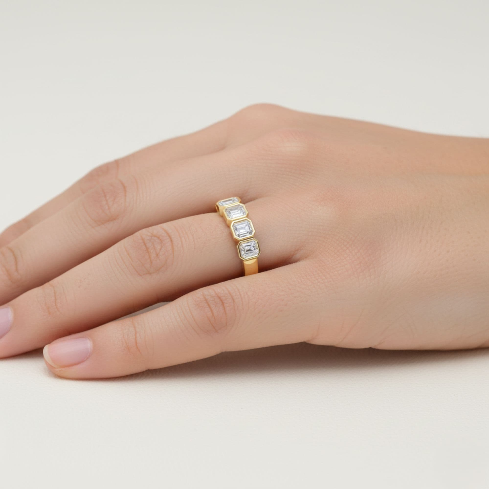 5 Stone Emerald Ring (1 1/2 ct. tw.), Side view in yellow gold