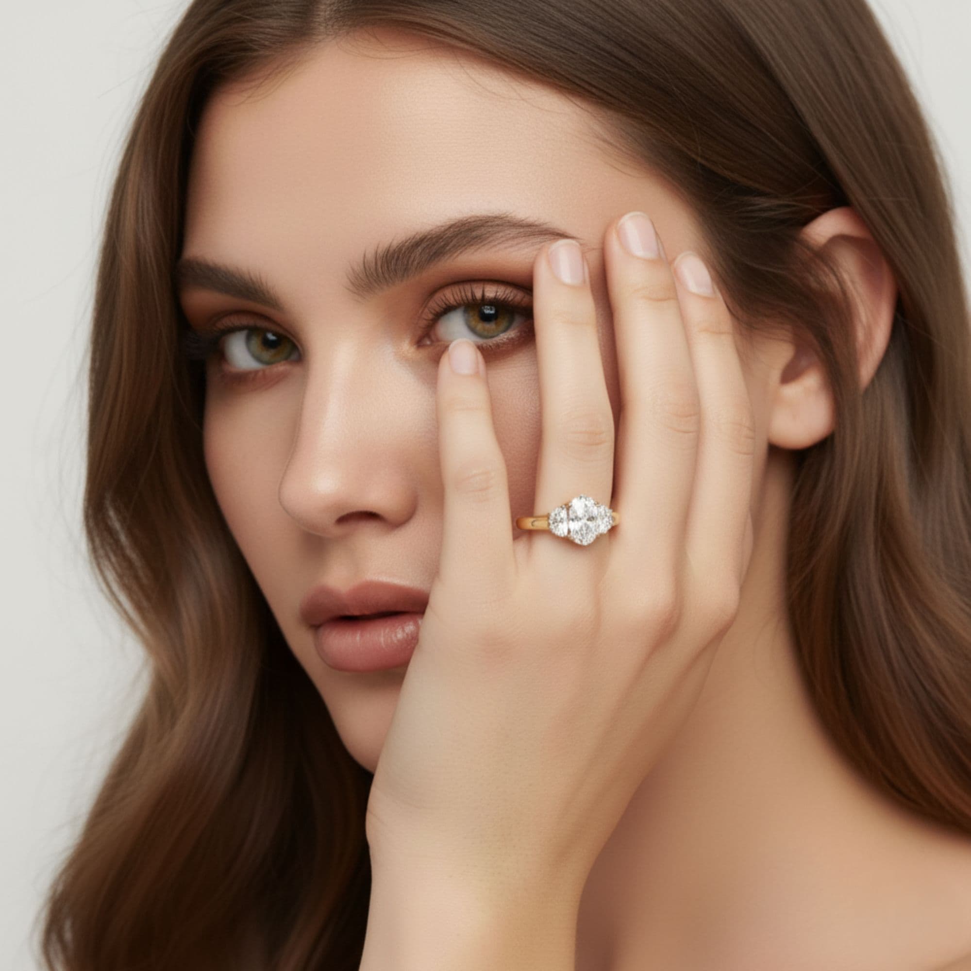 3 Stone Engagement Ring, style L0229R, Angle view in yellow gold