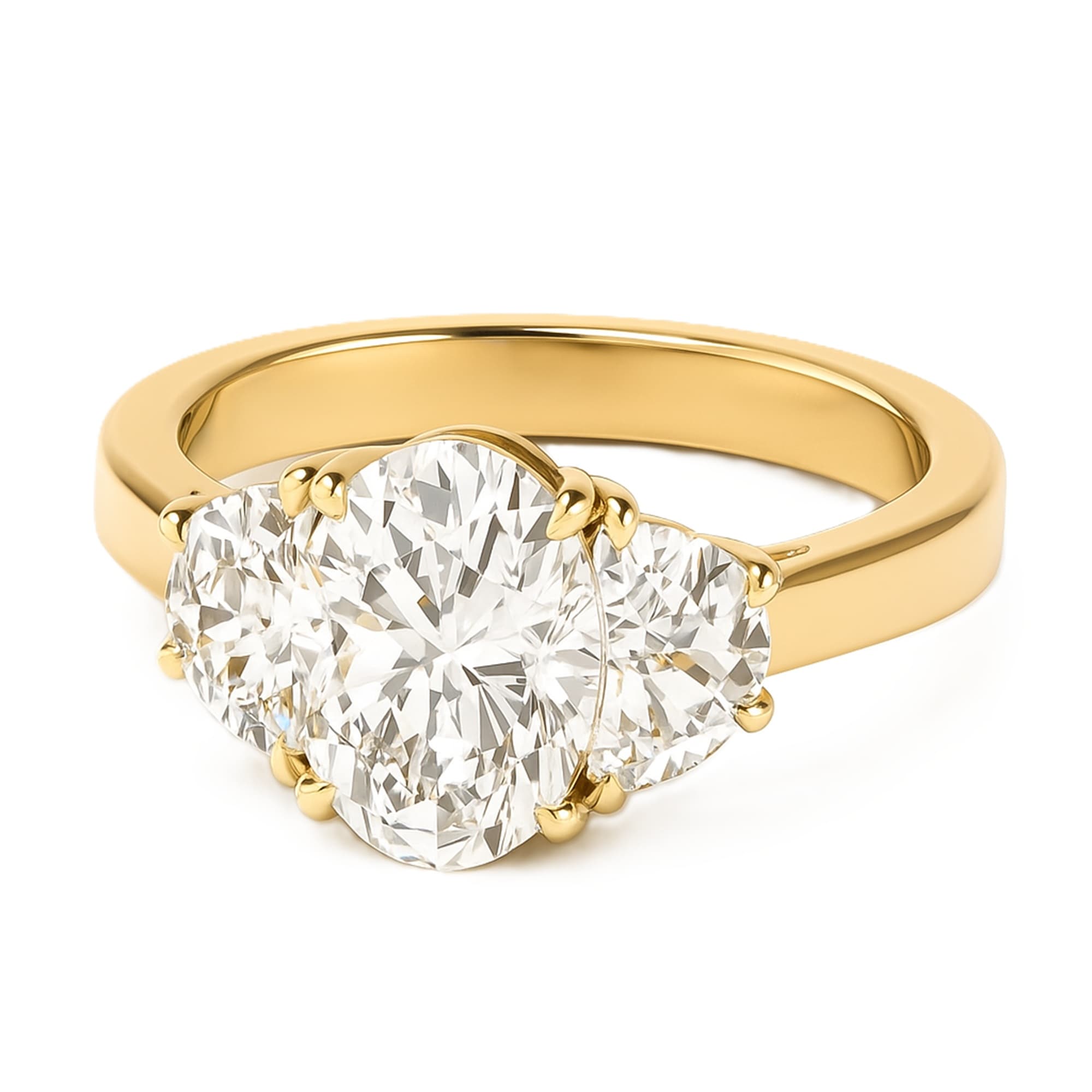 3 Stone Engagement Ring, style L0229R, On hand view in yellow gold