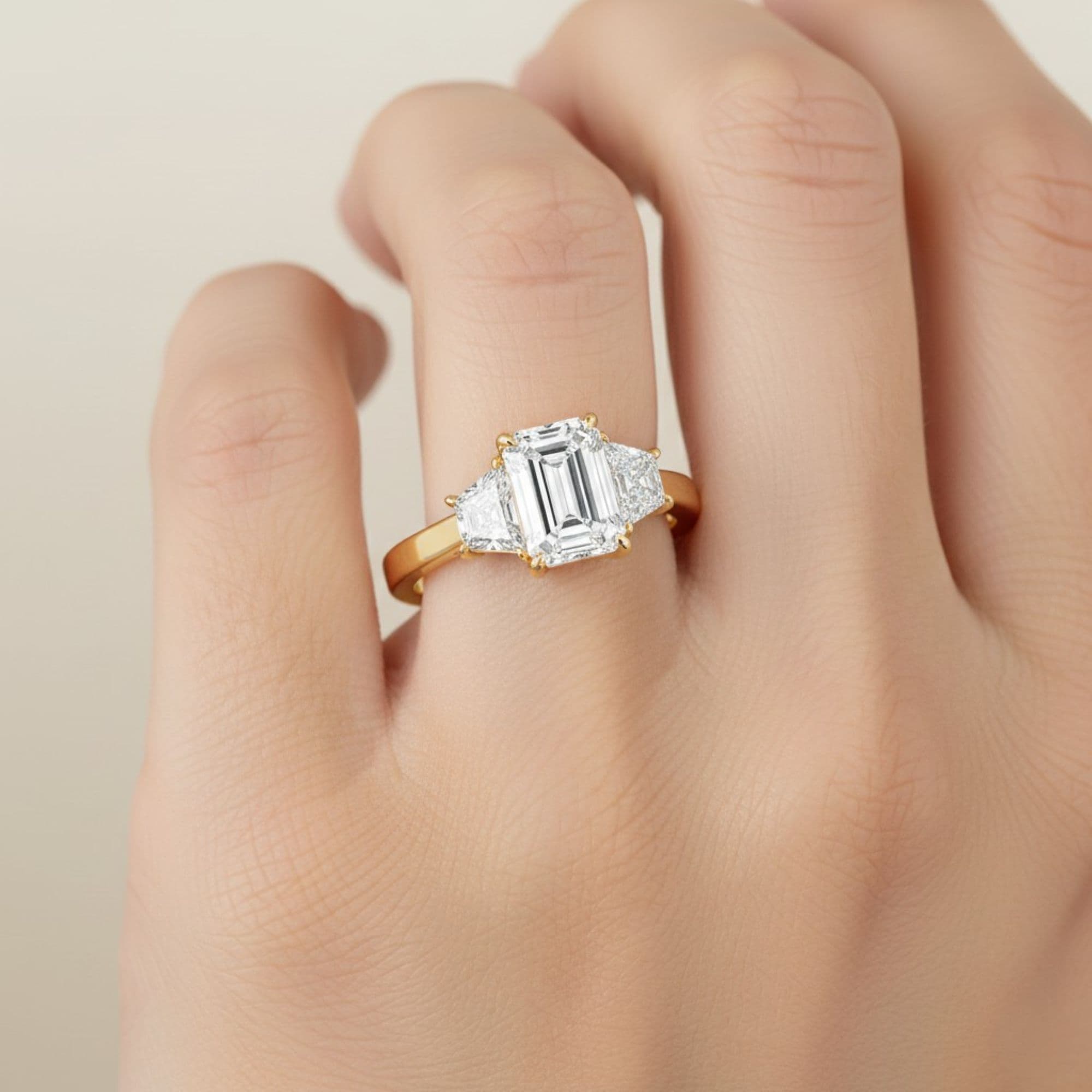 3 Stone Engagement Ring, style L0230R, Front view in yellow gold