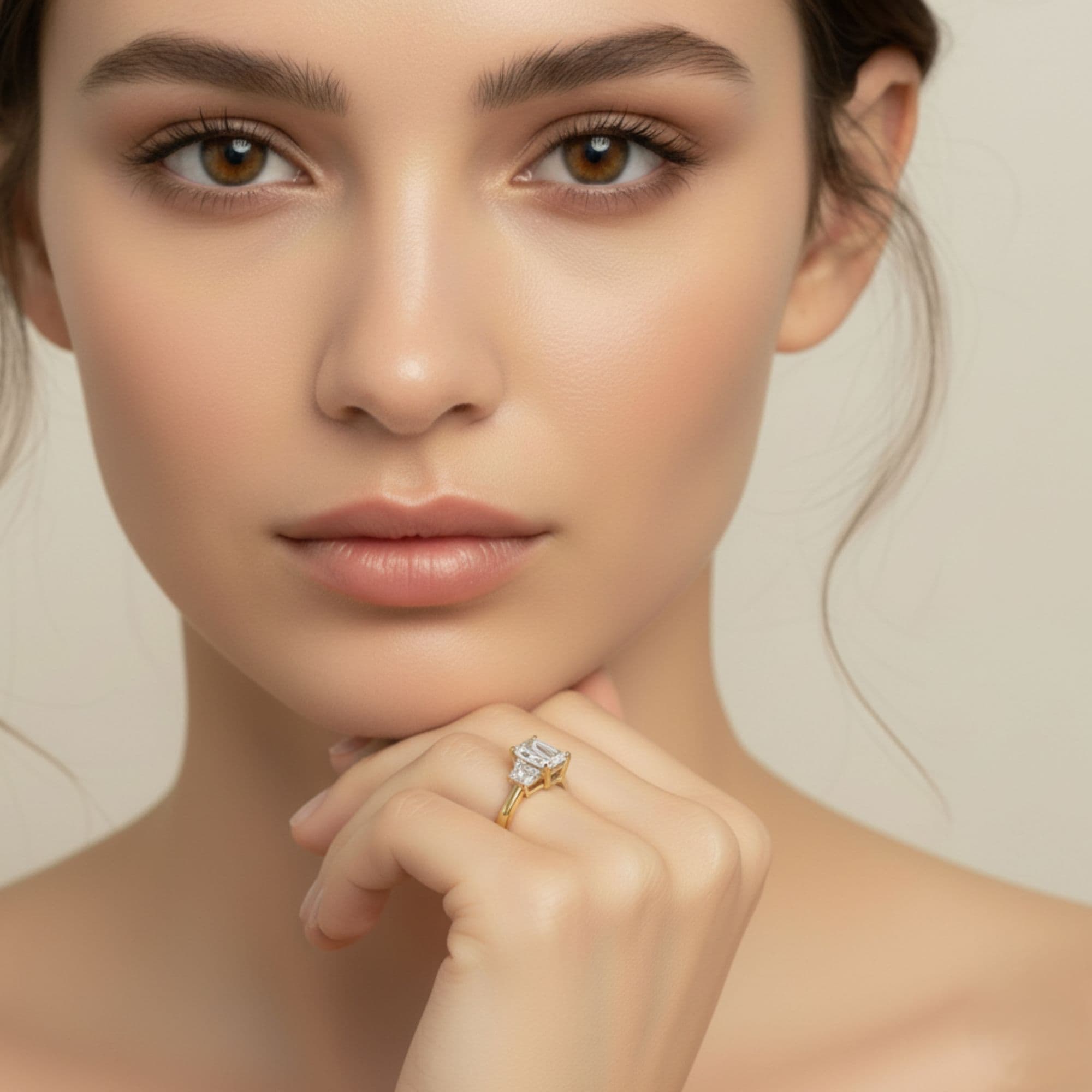 3 Stone Engagement Ring, style L0230R, Angle view in yellow gold