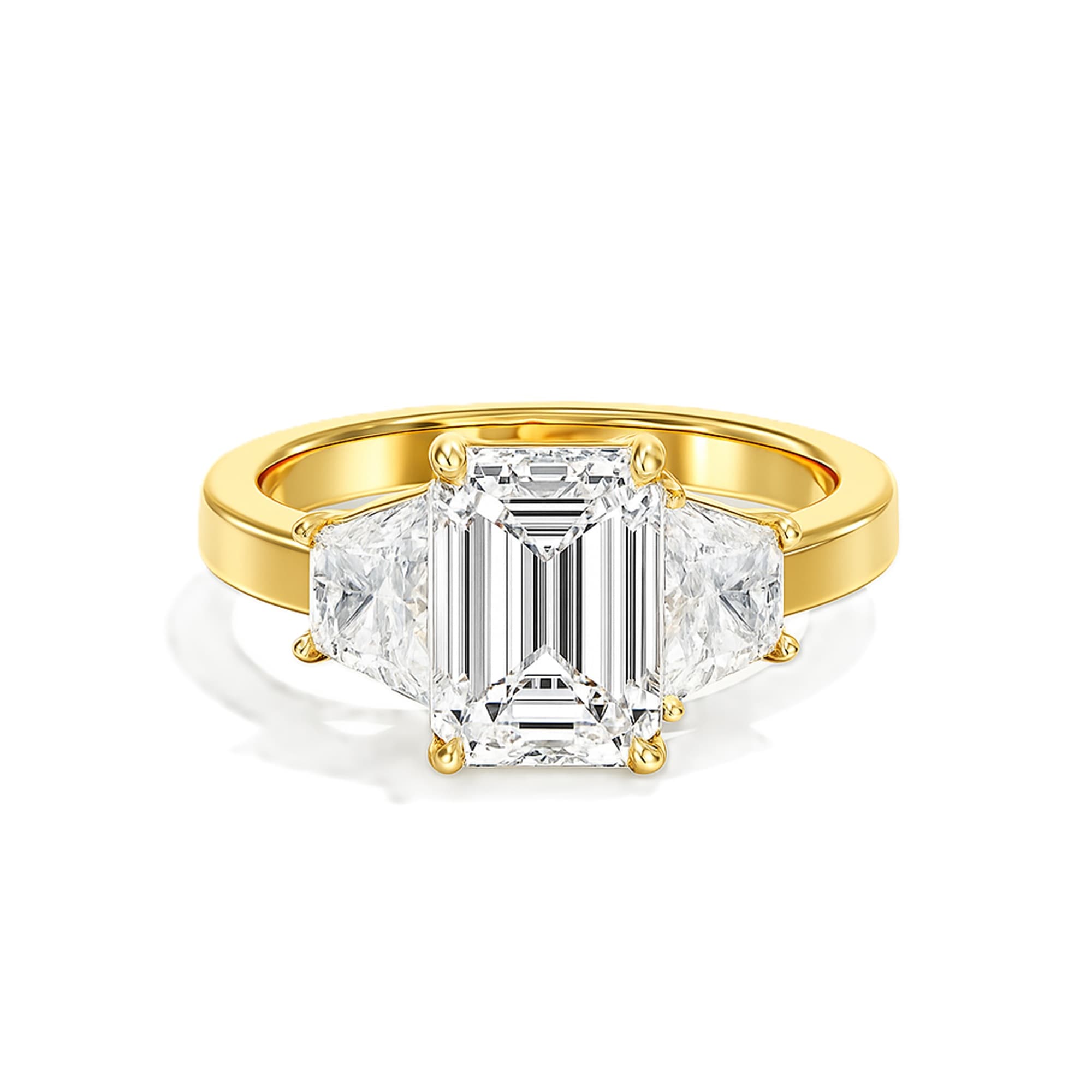3 Stone Engagement Ring, style L0230R, On hand view in yellow gold