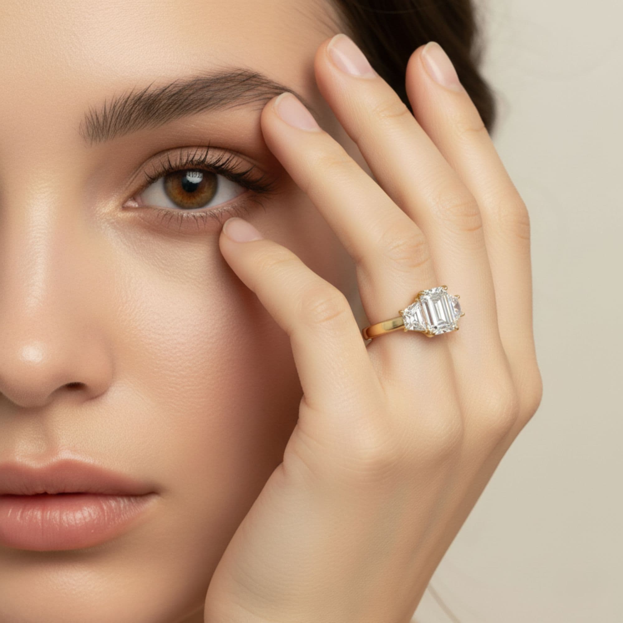 3 Stone Engagement Ring, style L0230R, Side view in yellow gold