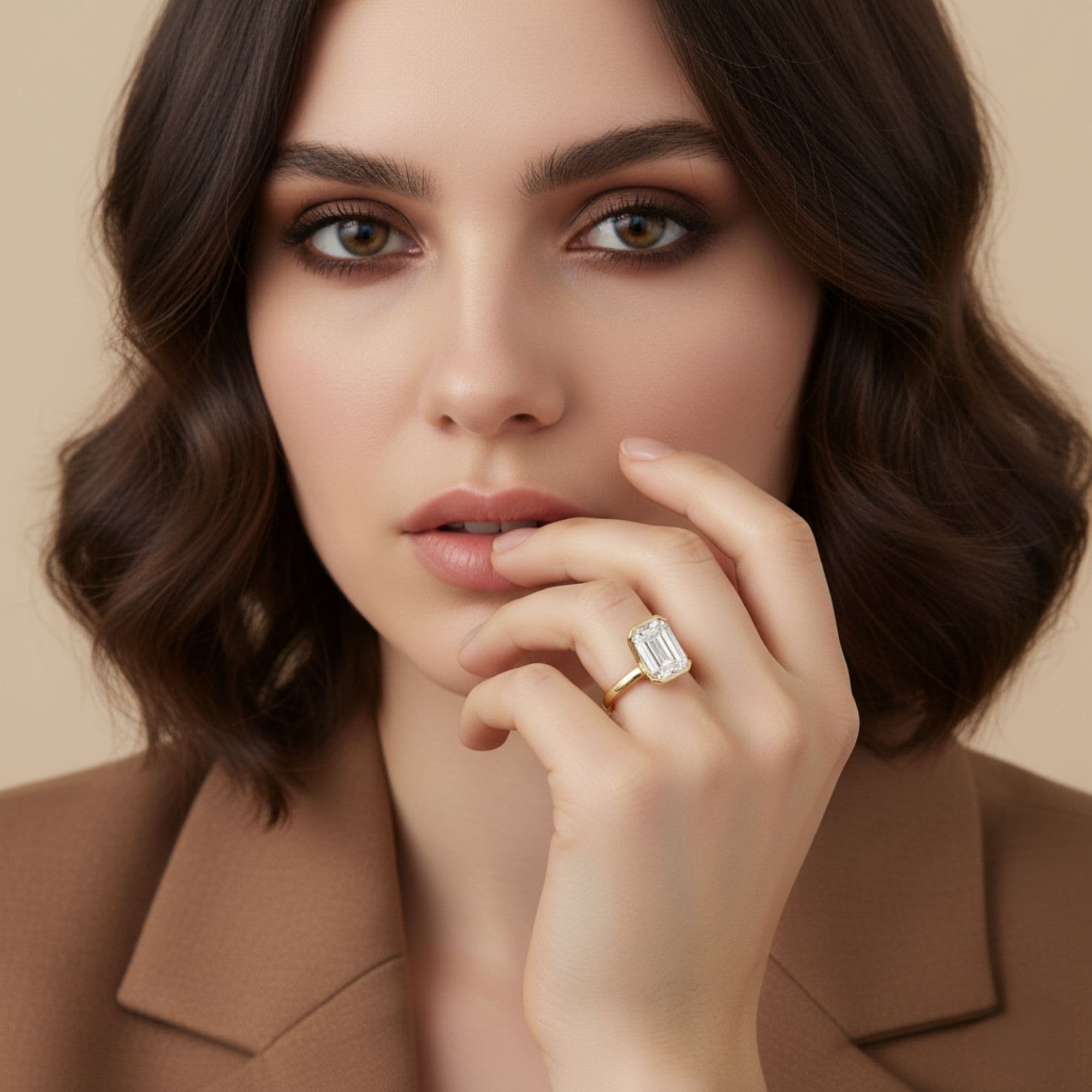 Emerald 1 ct Plus Ring, style L0237R, Angle view in yellow gold