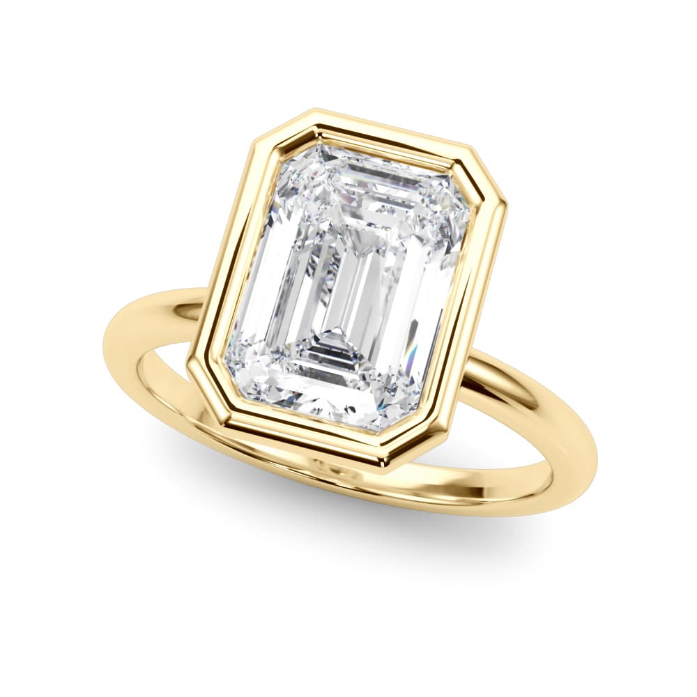 Solitaire Bezel Set Emerald Cut Engagement Ring, style L0264R, Front view in yellow gold