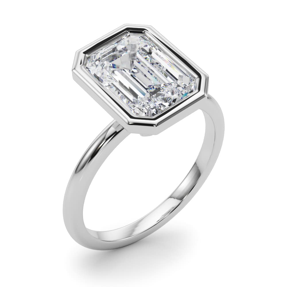 Solitaire Bezel Set Emerald Cut Engagement Ring, style L0264R, Angle view in white gold or platinum