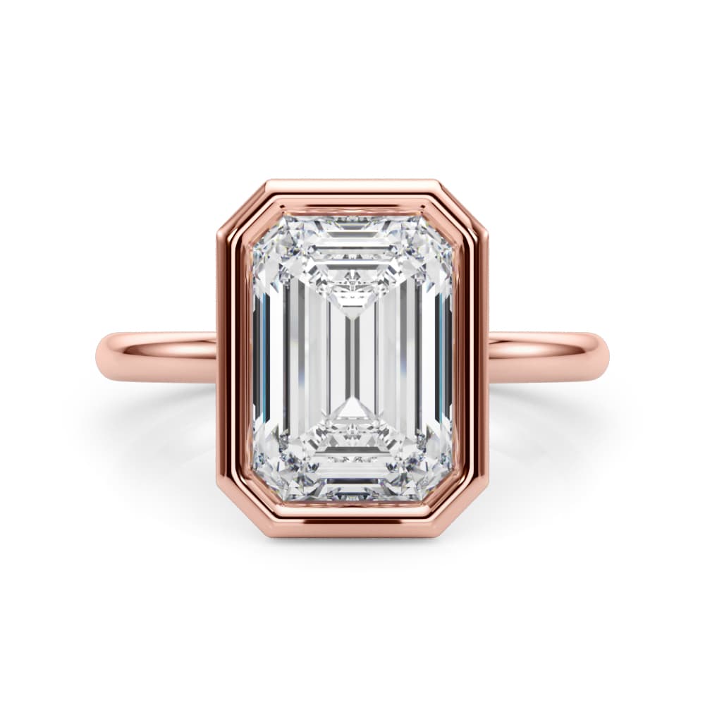 Solitaire Bezel Set Emerald Cut Engagement Ring, style L0264R, On hand view in rose gold