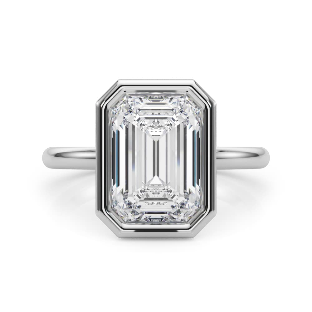 Solitaire Bezel Set Emerald Cut Engagement Ring, style L0264R, On hand view in white gold or platinum