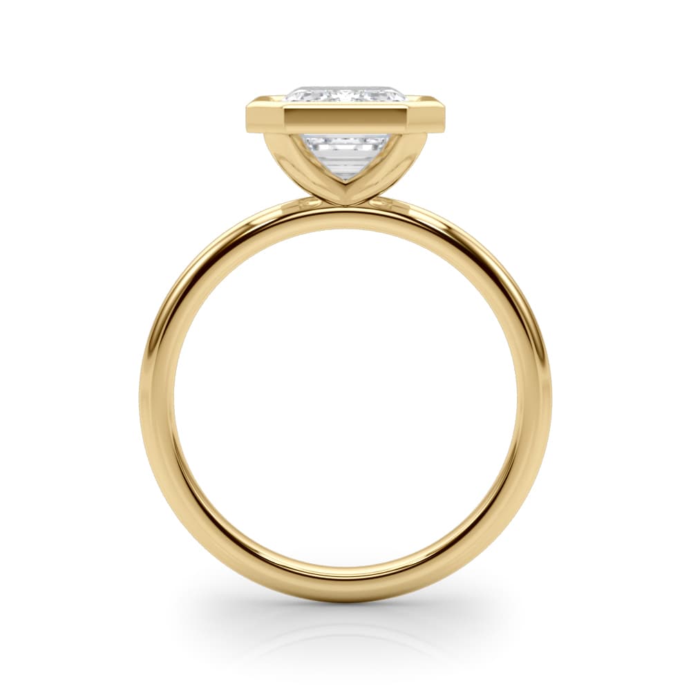 Solitaire Bezel Set Emerald Cut Engagement Ring, style L0264R, Side view in yellow gold