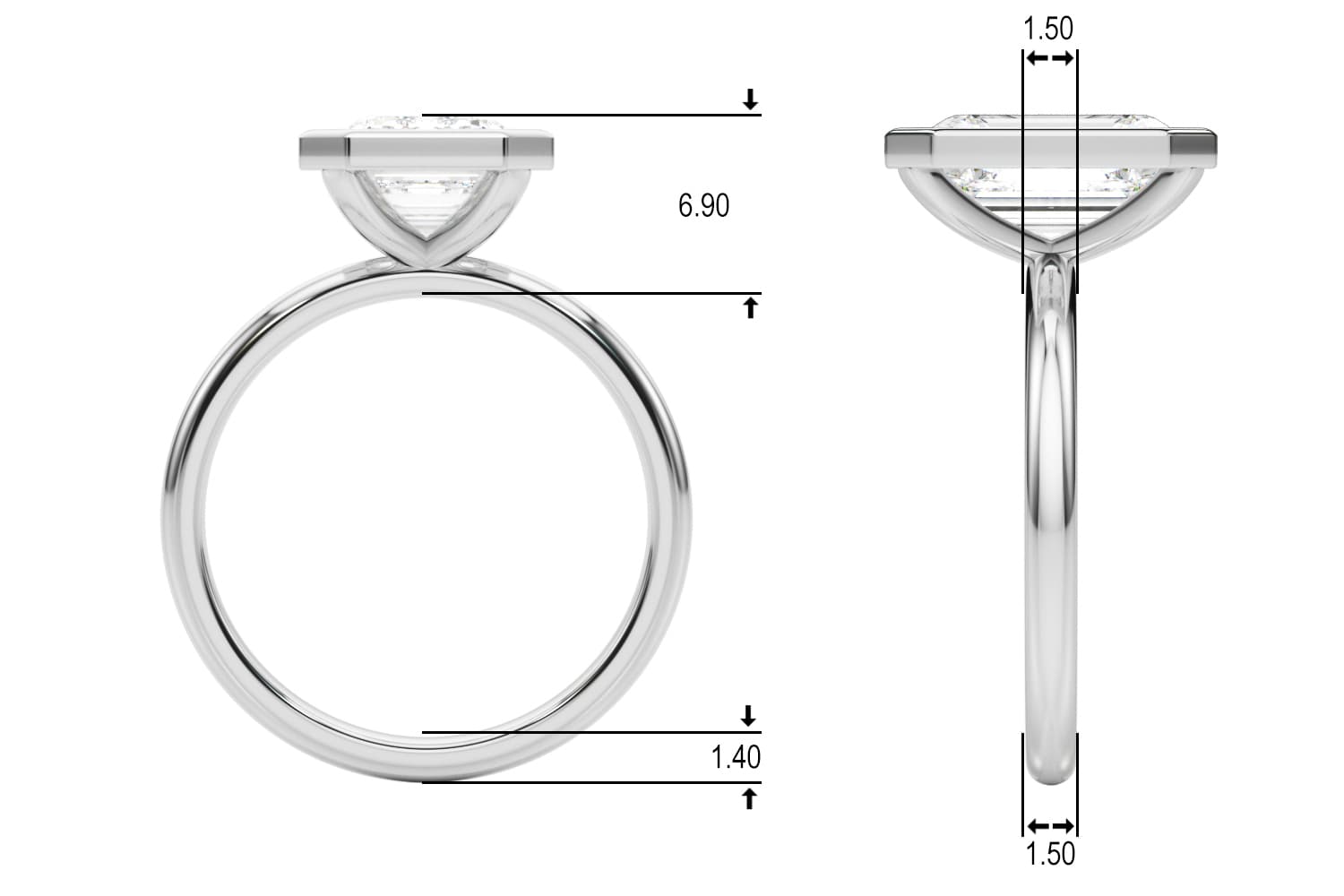 Solitaire Bezel Set Emerald Cut Engagement Ring, style L0264R, Top view in white gold or platinum