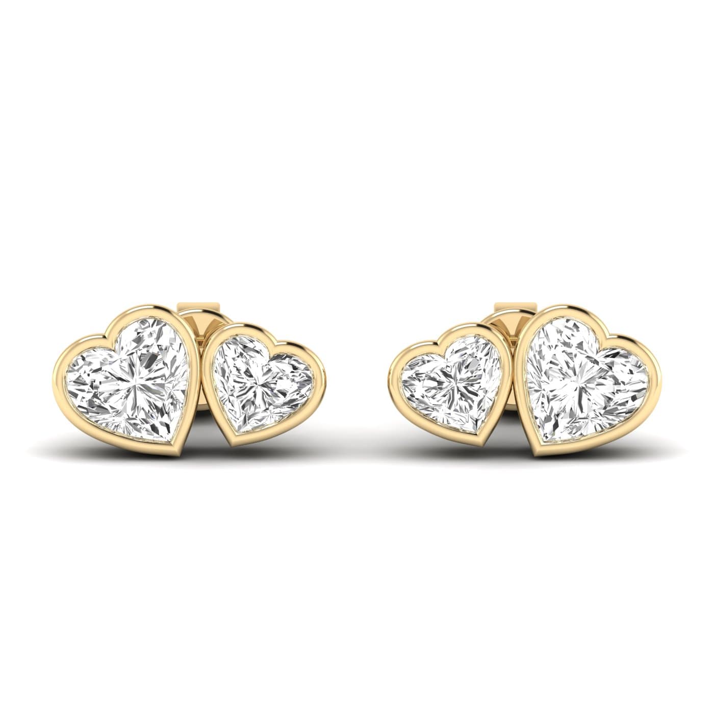 Lab Diamond Heart Toi-Et-Moi Bezel Studs 3 Ctw (3 ct. tw.), Front view in yellow gold
