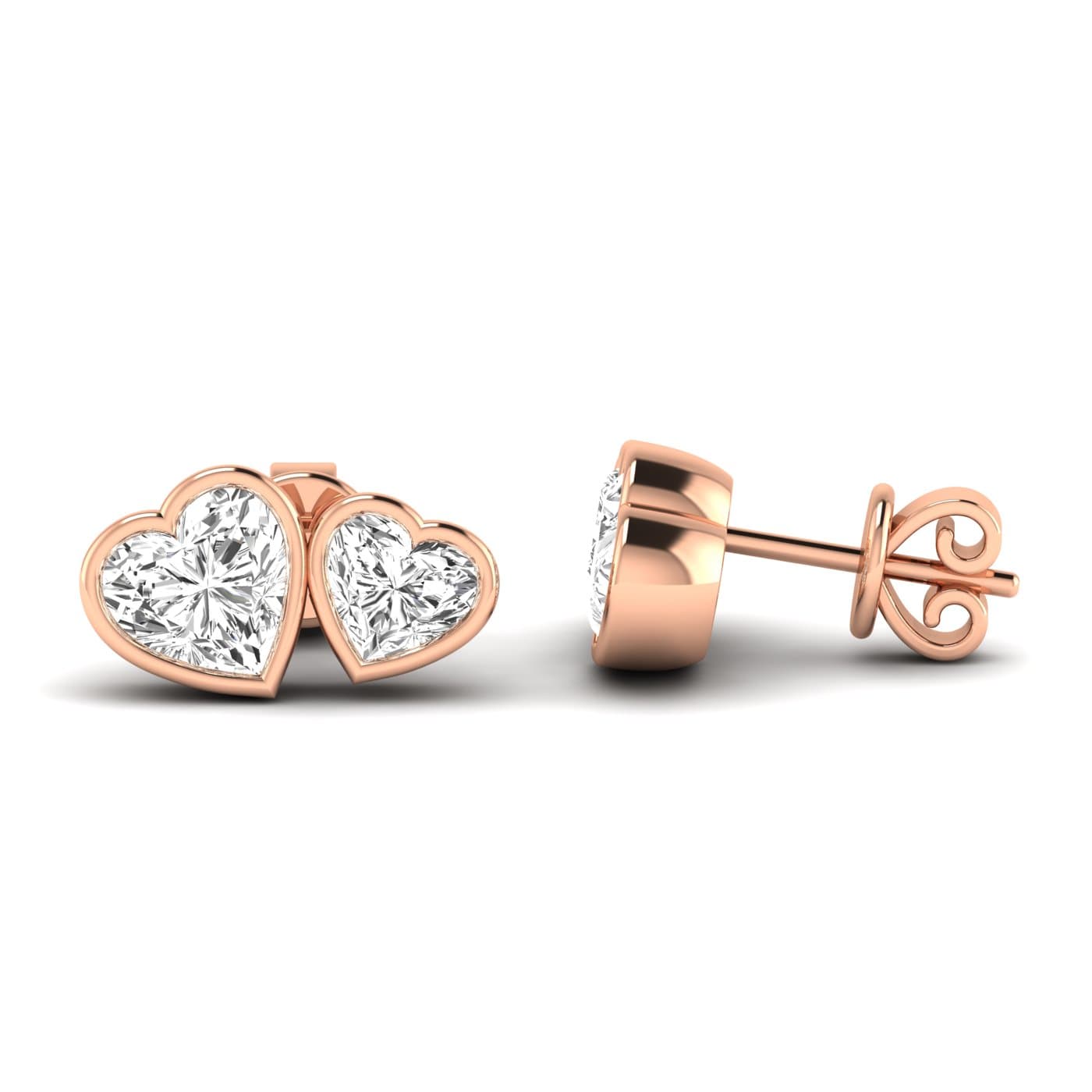 Lab Diamond Heart Toi-Et-Moi Bezel Studs 3 Ctw (3 ct. tw.), Side view in rose gold