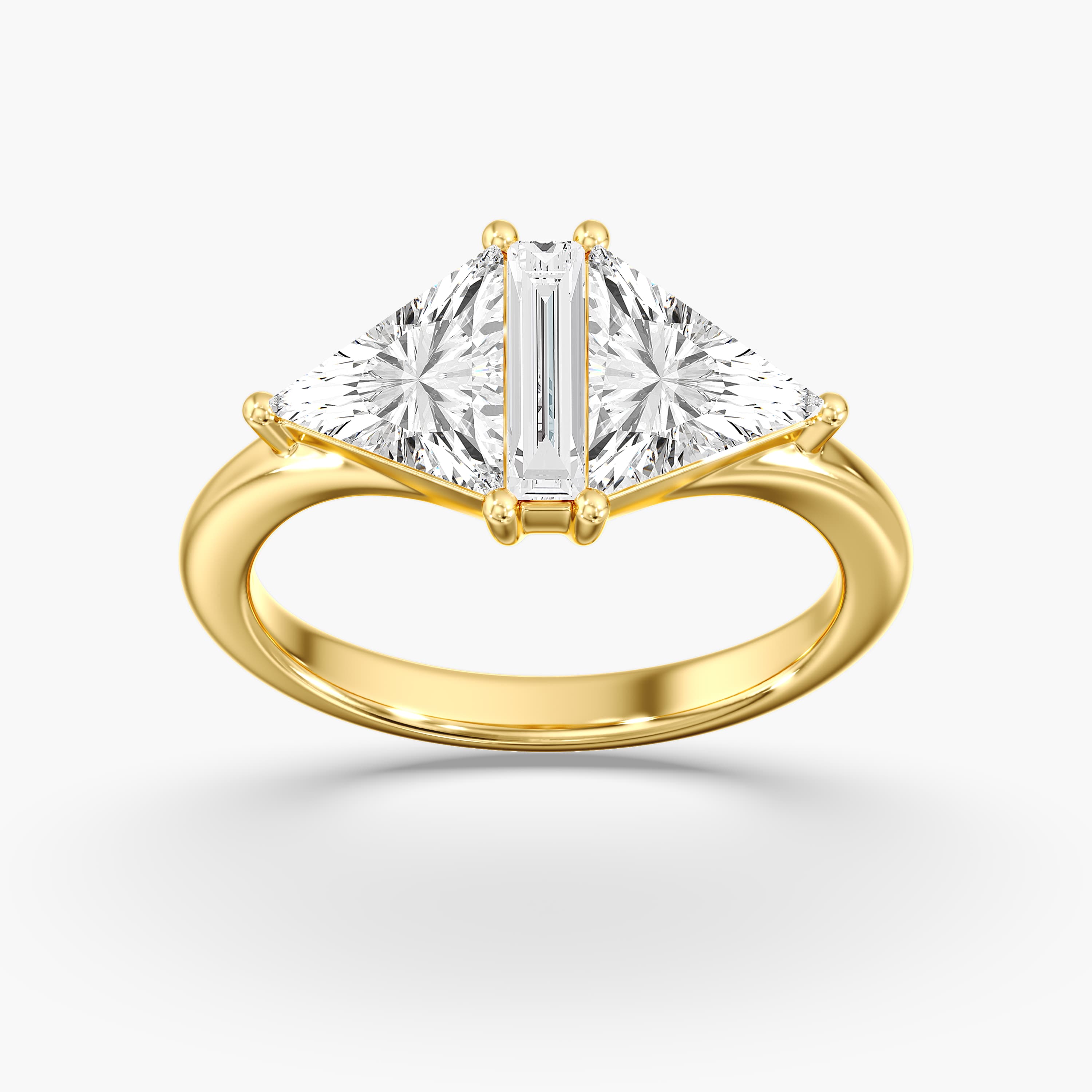 Lab Diamond 3-Stone Triangle Ring 2 1/2 Ctw (2 1/2 ct. tw.), On hand view in yellow gold
