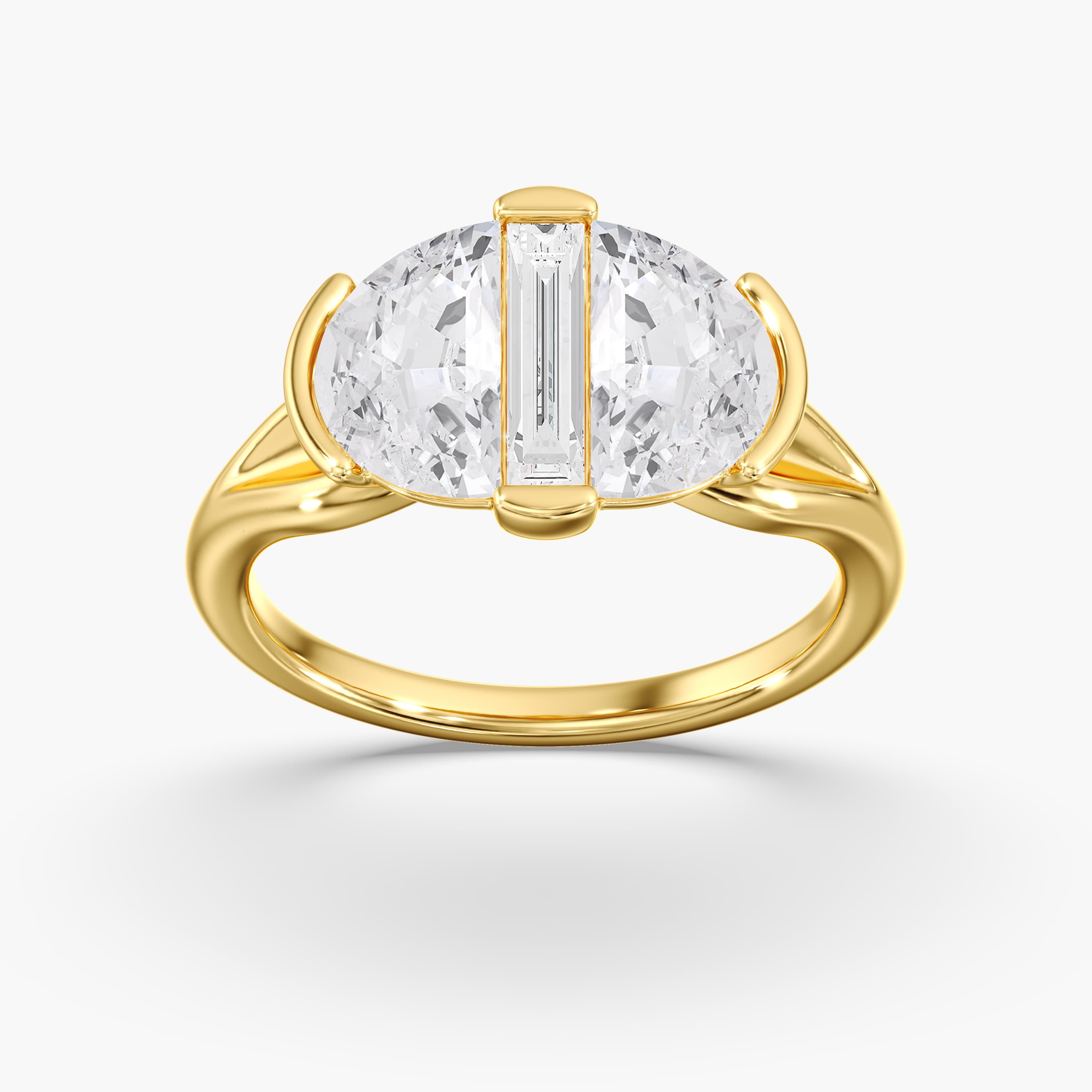 Lab Diamond 3-Stone Half Moon Ring 3 Ctw (3 ct. tw.), On hand view in yellow gold