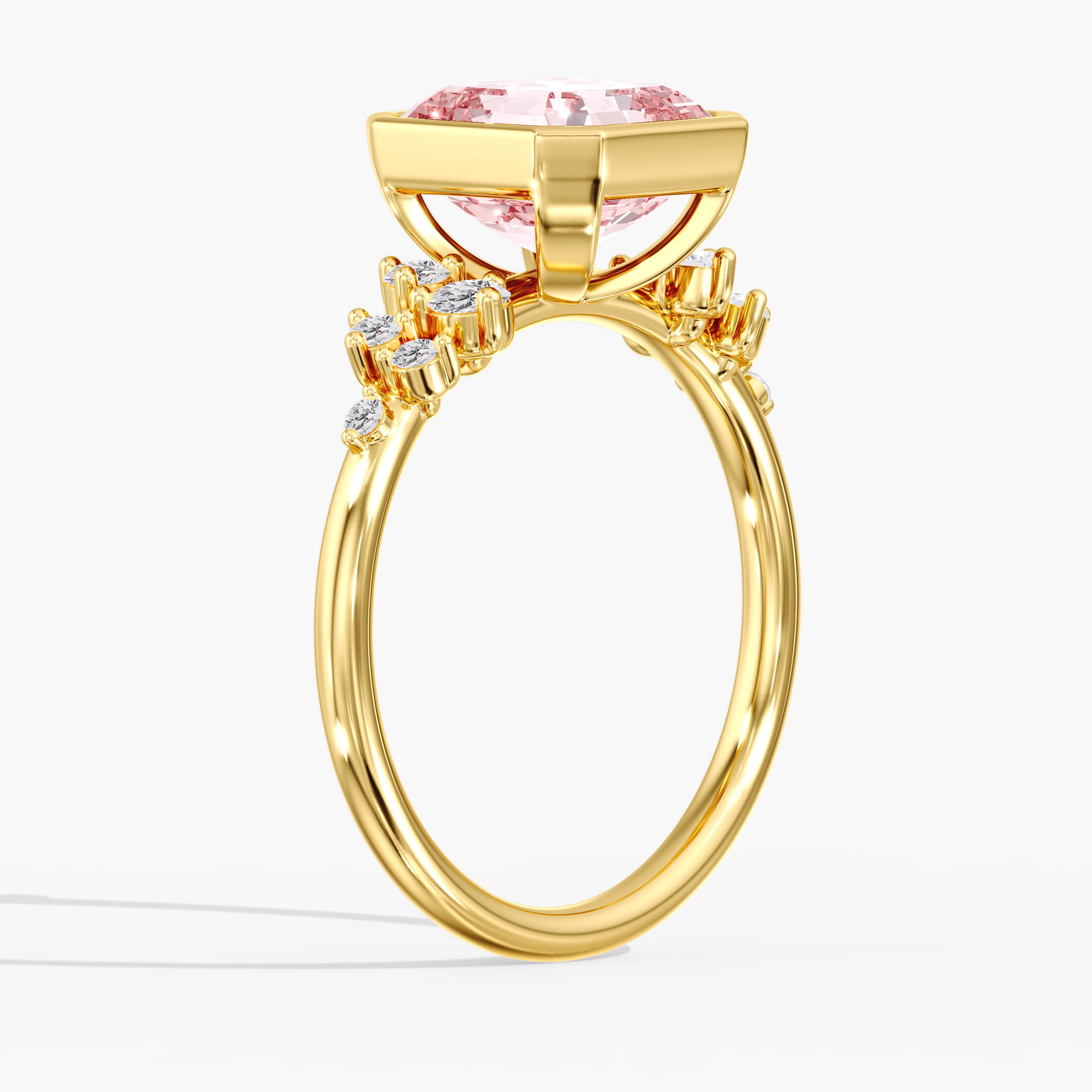 Lab Diamond Fancy Intense Pink Asscher Cut Ring 3 1/5 Ct., style L0380R, Angle view in yellow gold