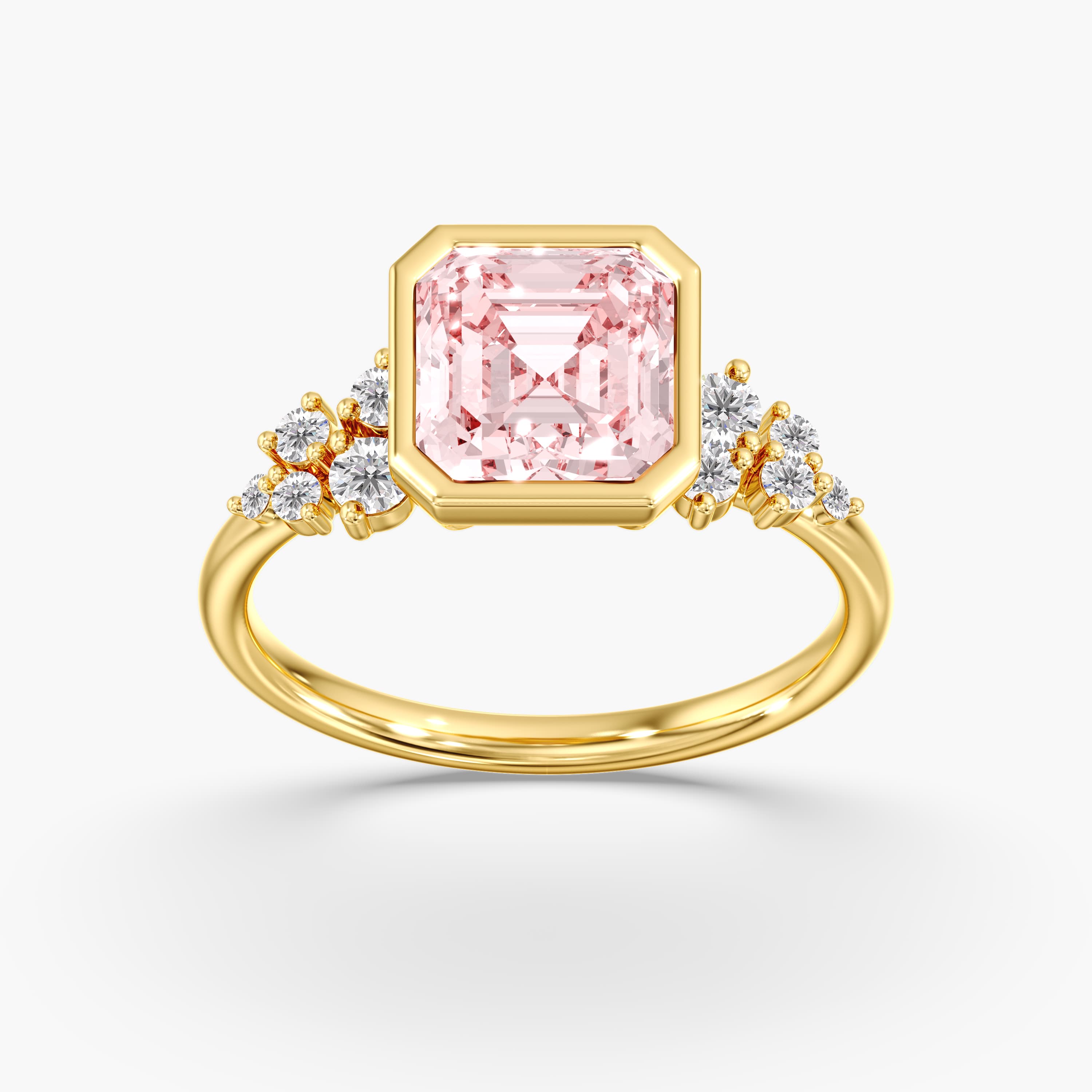 Lab Diamond Fancy Intense Pink Asscher Cut Ring 3 1/5 Ct., style L0380R, On hand view in yellow gold