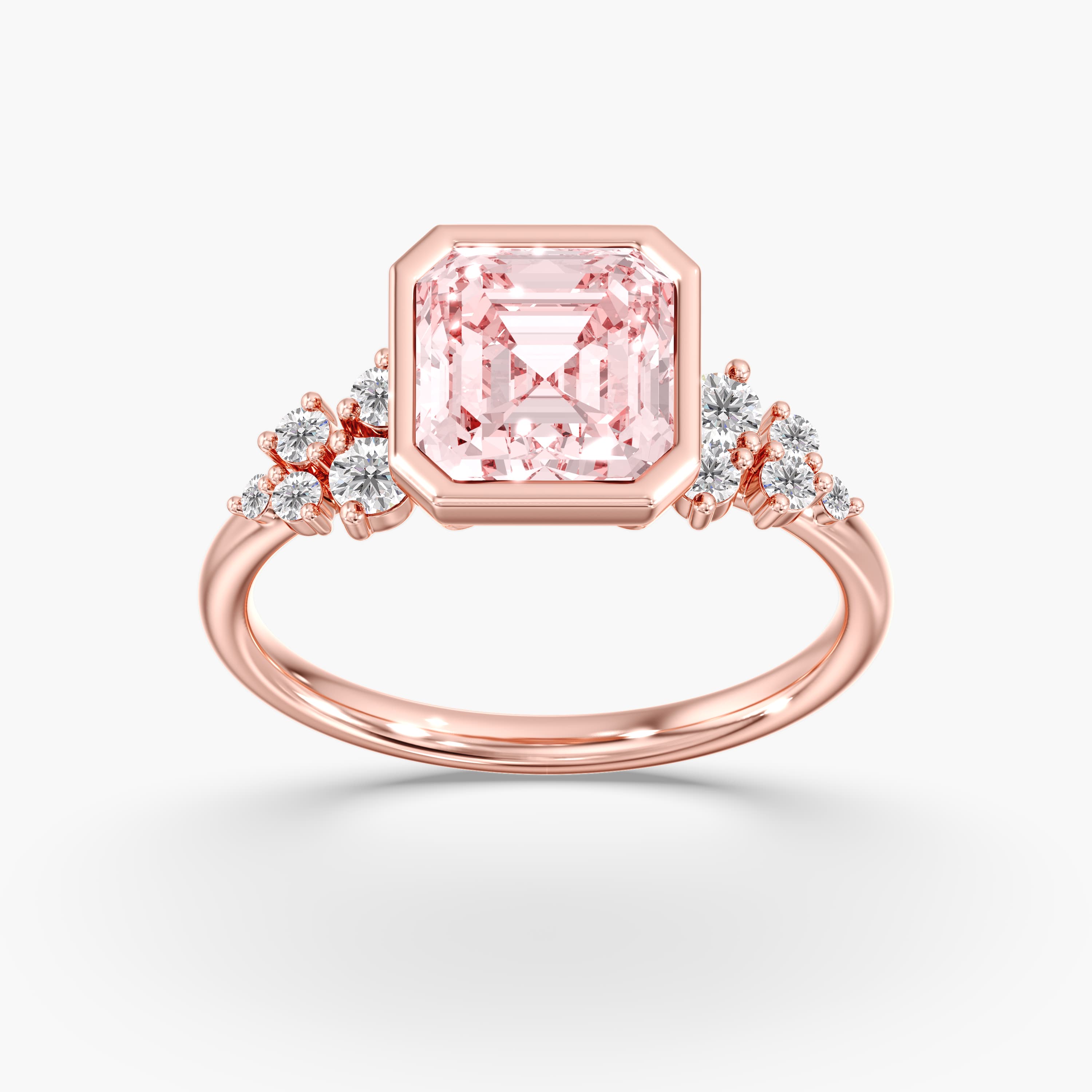 Lab Diamond Fancy Intense Pink Asscher Cut Ring 3 1/5 Ct., style L0380R, On hand view in rose gold