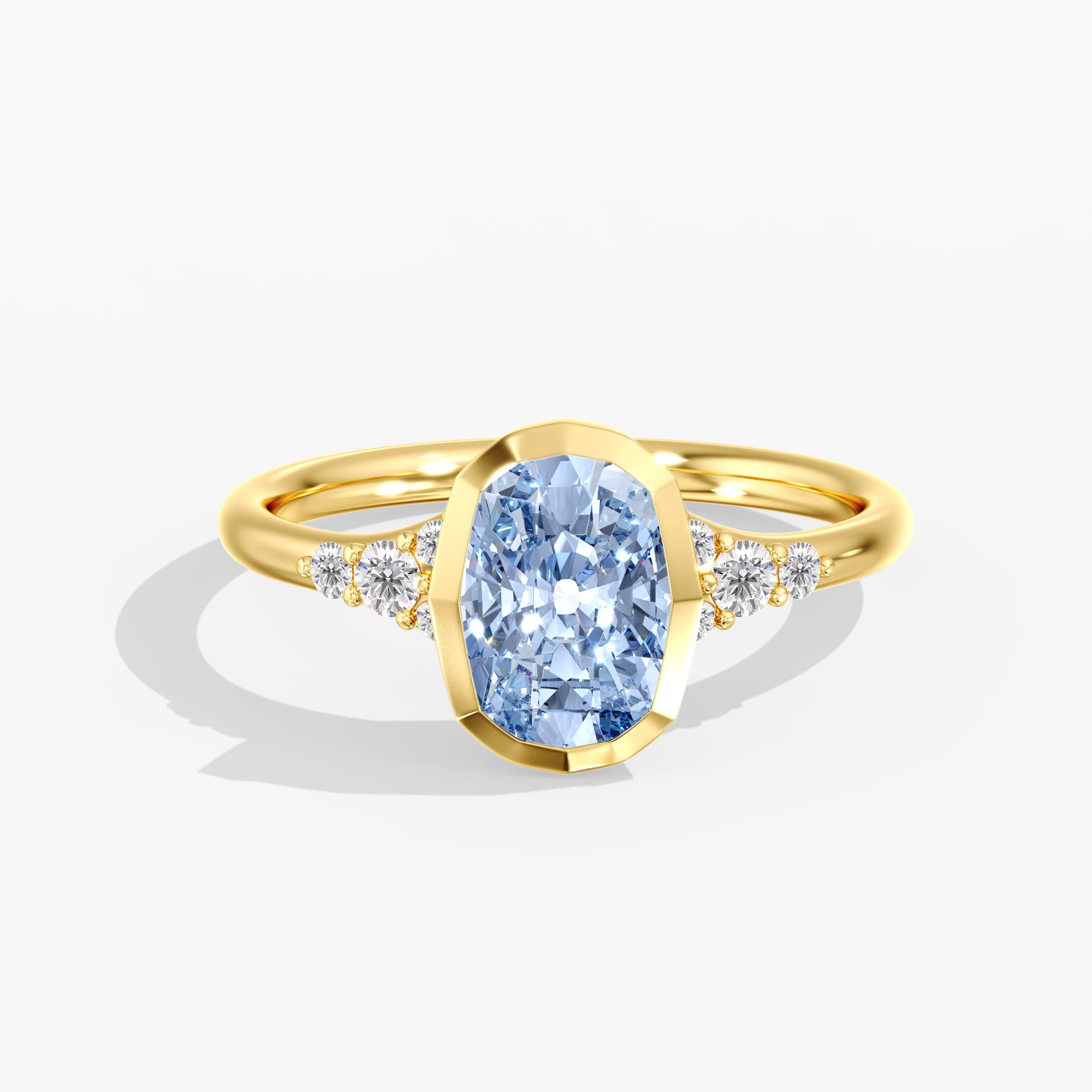 Lab Diamond Fancy Vivid Blue Elongated Cushion Ring 2 1/5 Ctw., style L0384R, Front view in yellow gold