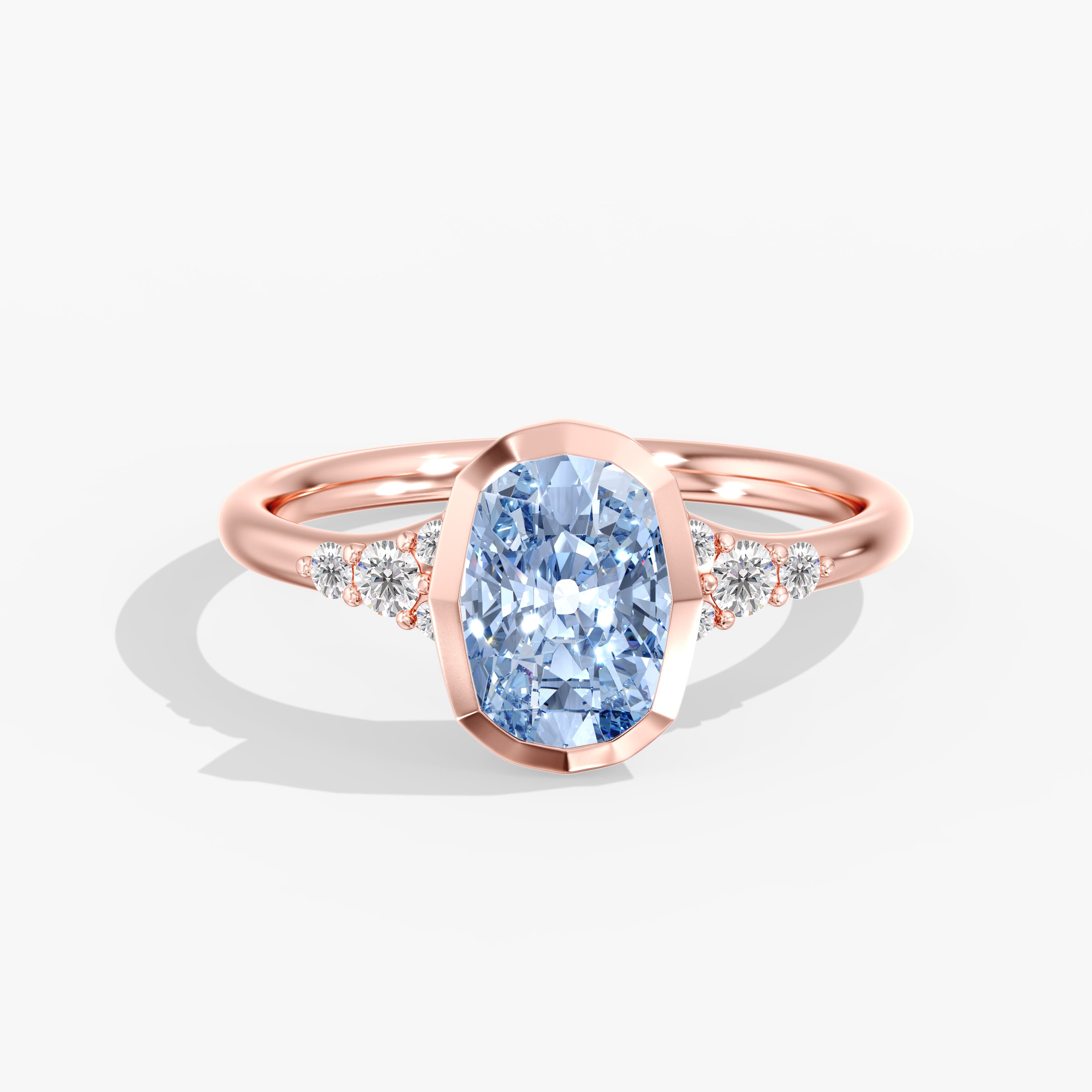 Lab Diamond Fancy Vivid Blue Elongated Cushion Ring 2 1/5 Ctw., style L0384R, Front view in rose gold
