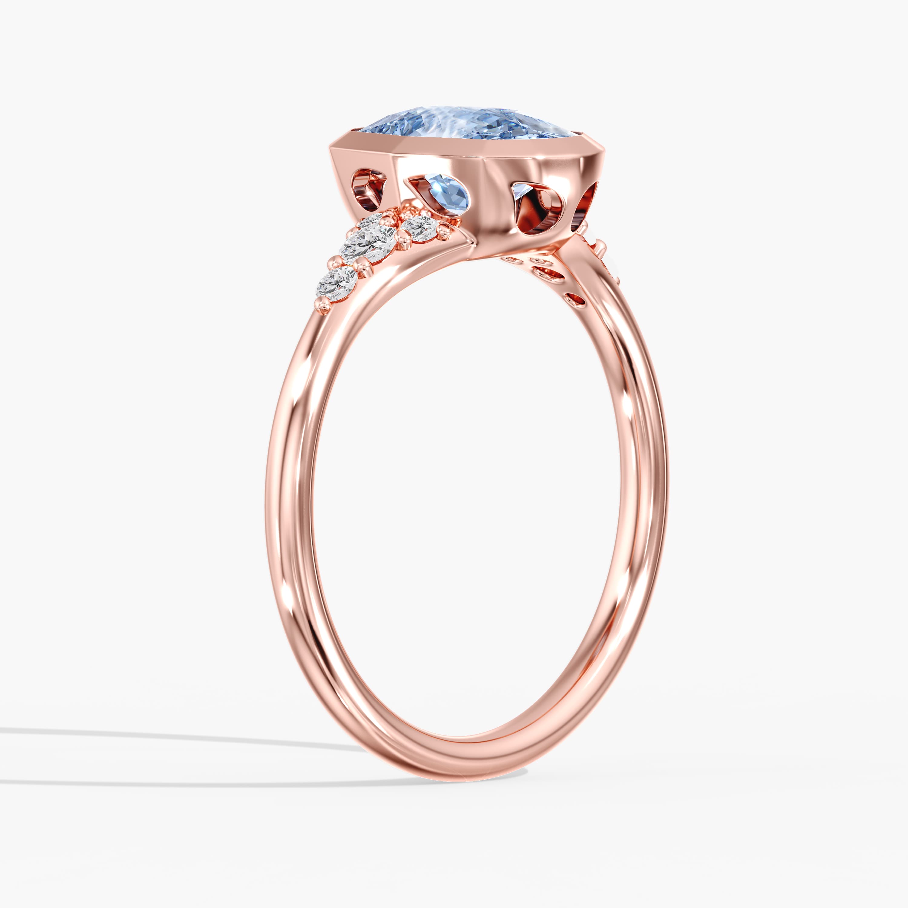 Lab Diamond Fancy Vivid Blue Elongated Cushion Ring 2 1/5 Ctw., style L0384R, Angle view in rose gold