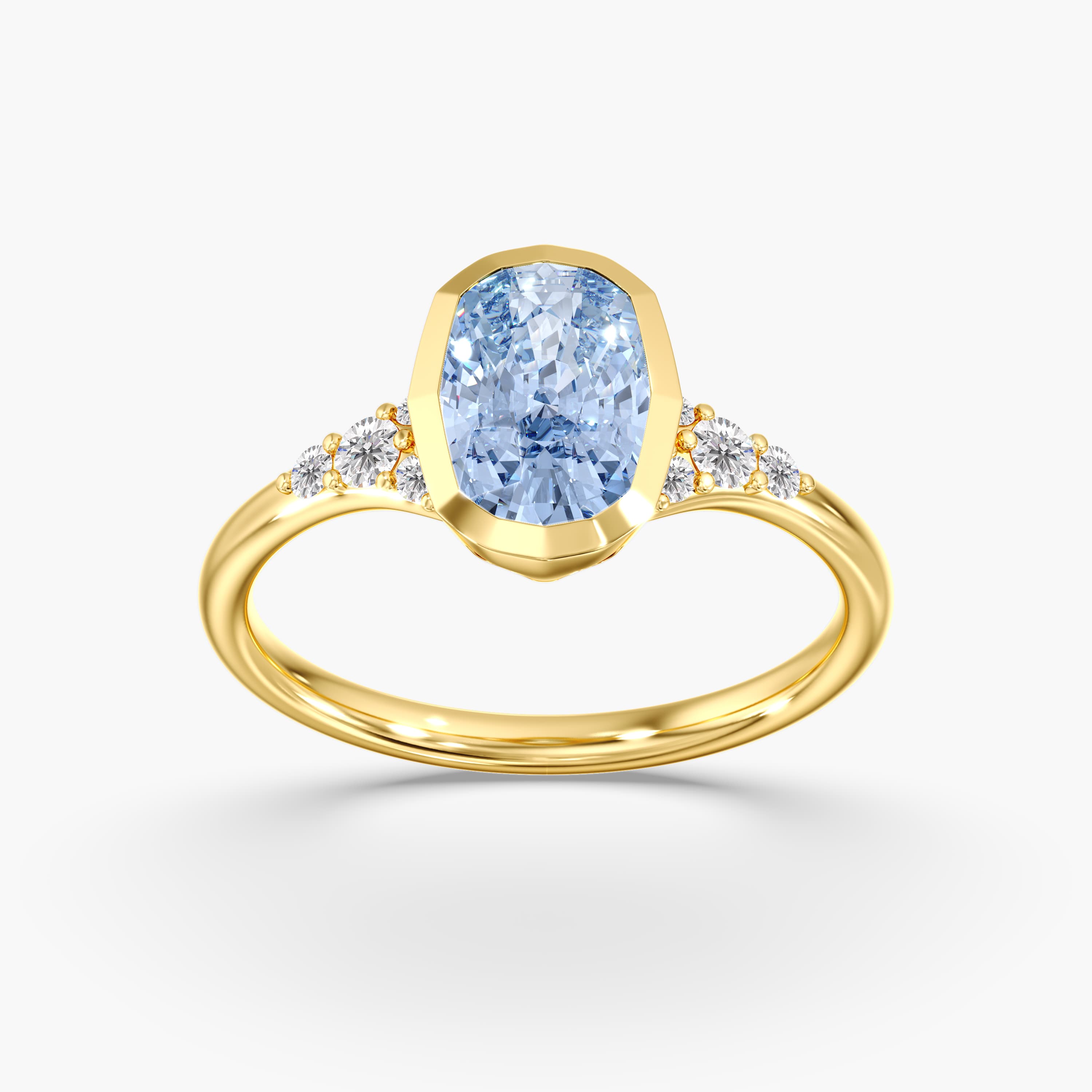 Lab Diamond Fancy Vivid Blue Elongated Cushion Ring 2 1/5 Ctw., style L0384R, On hand view in yellow gold
