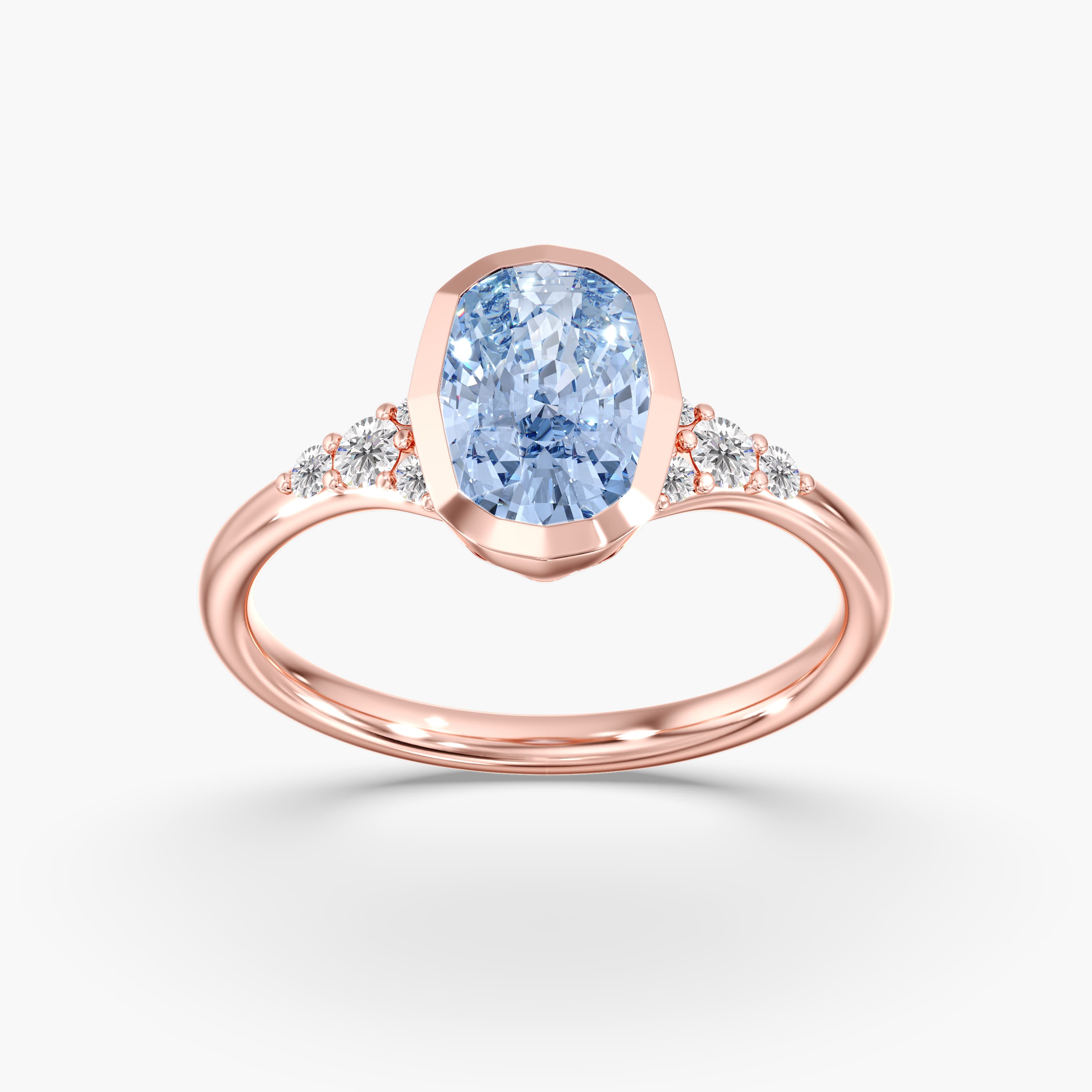 Lab Diamond Fancy Vivid Blue Elongated Cushion Ring 2 1/5 Ctw., style L0384R, On hand view in rose gold