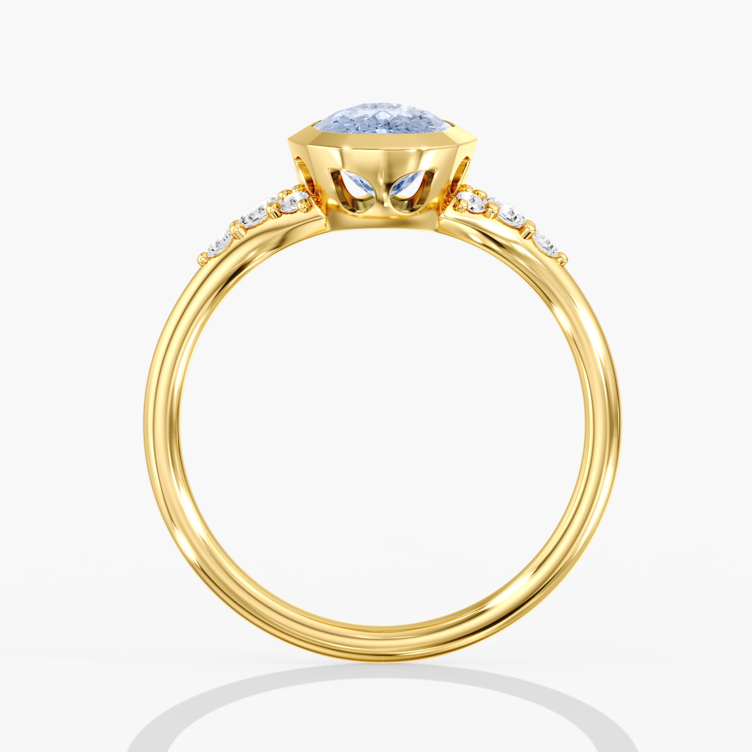 Lab Diamond Fancy Vivid Blue Elongated Cushion Ring 2 1/5 Ctw., style L0384R, Side view in yellow gold