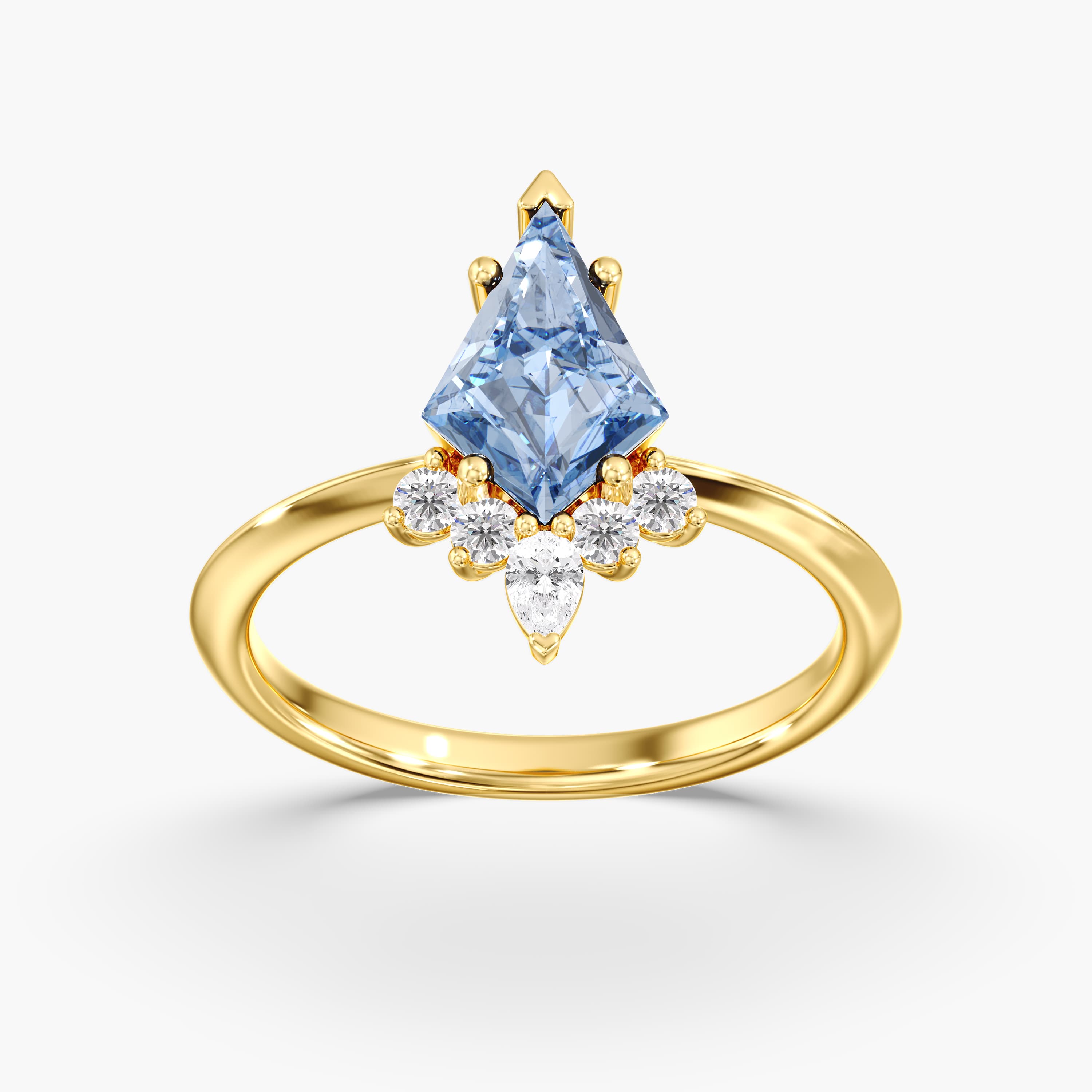 Lab Diamond Fancy Vivid Blue Kite Ring 1 1/2 Ctw (1.7 ct. tw.), On hand view in yellow gold