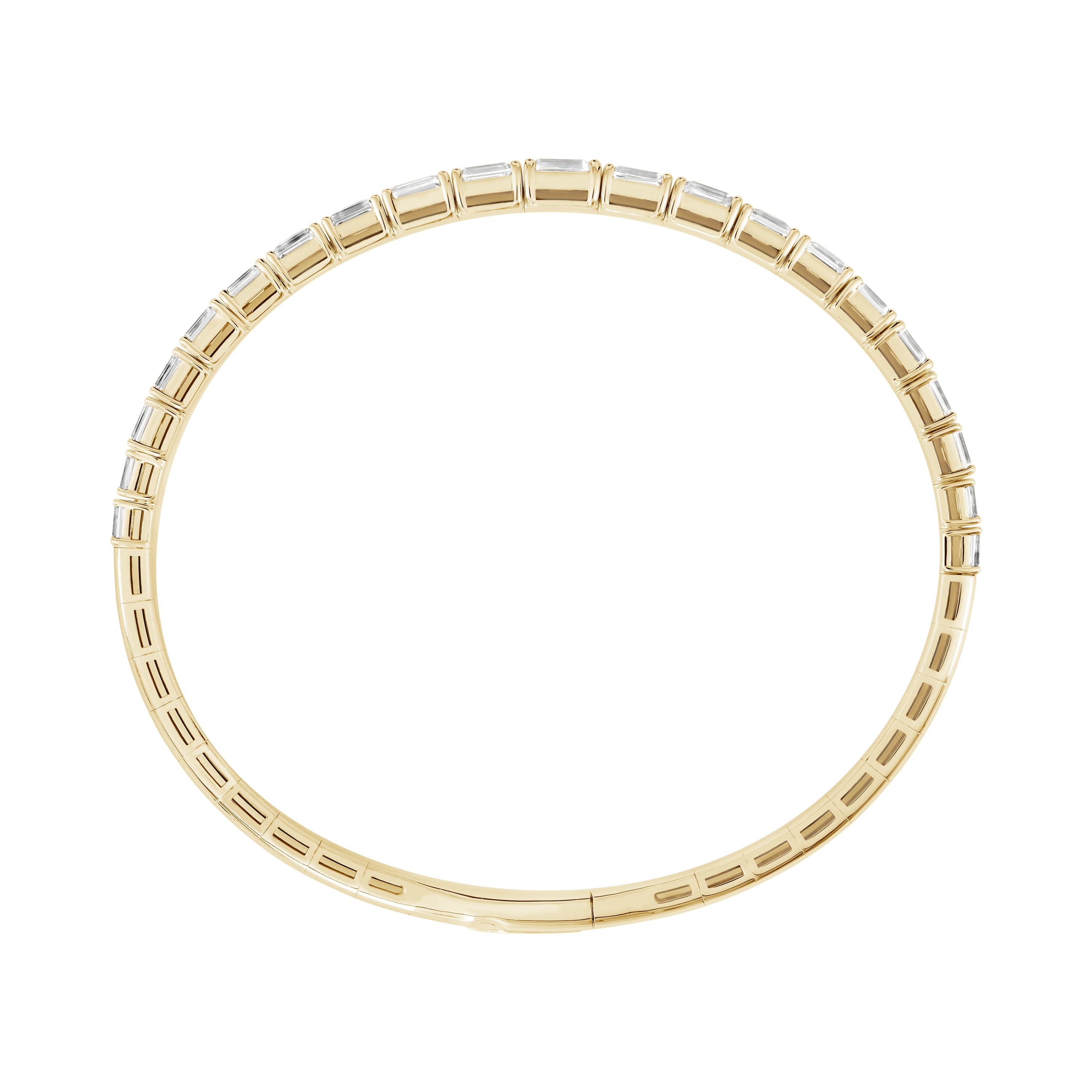 4.5 CTW Graduated Emerald Cut Lab-Grown Diamond Flexible Half Bangle (2 ct. tw.), Side view in yellow gold