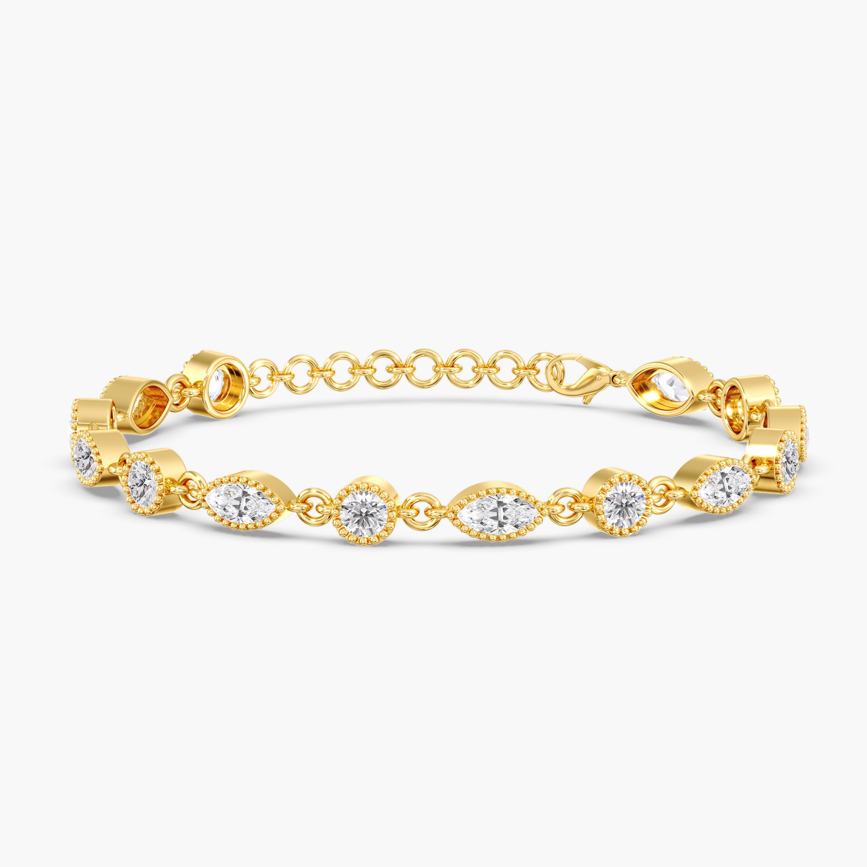 Lab Diamond Round & Marquise Stationary Bracelet 3 3/4 Ctw (3 3/4 ct. tw.), Front view in yellow gold