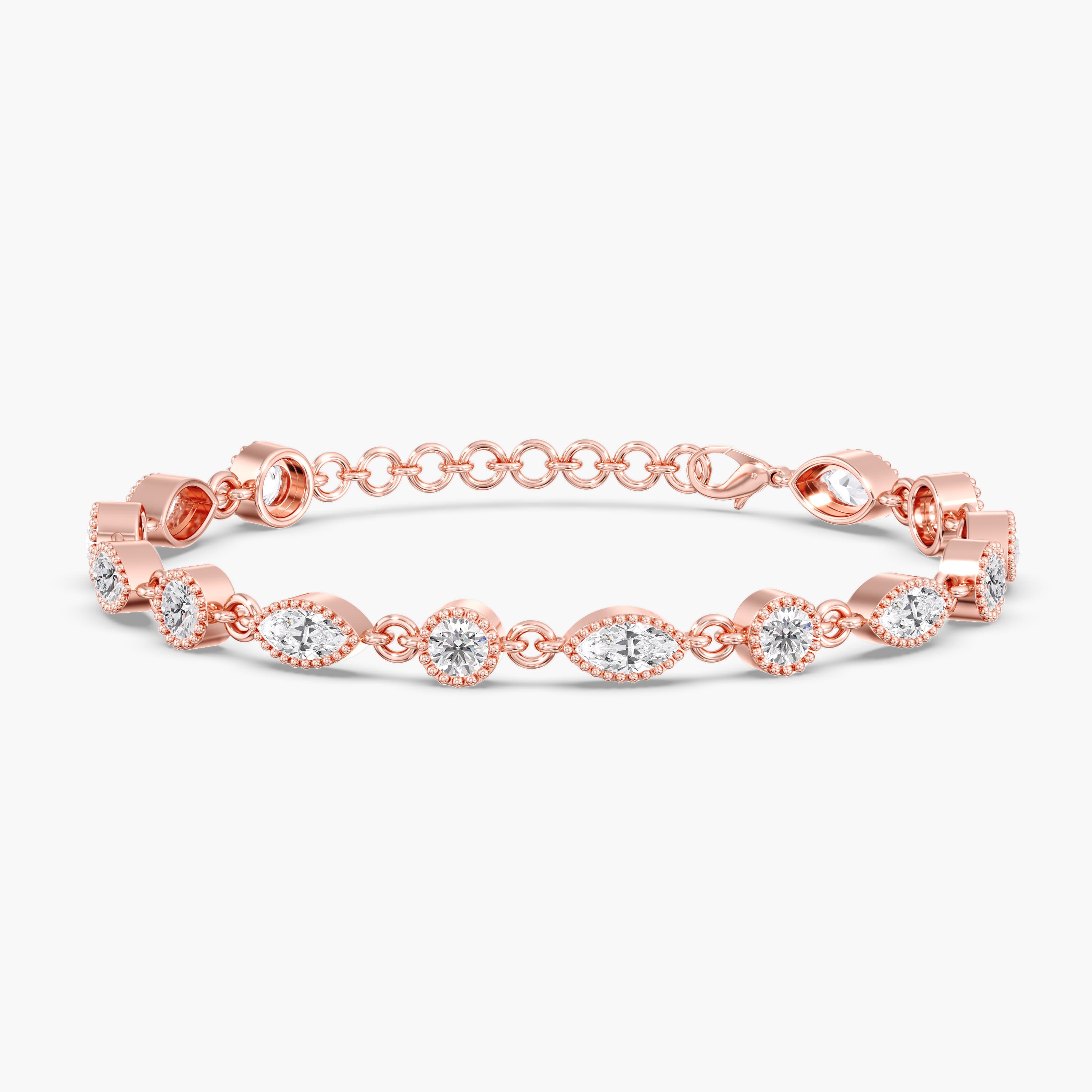 Lab Diamond Round & Marquise Stationary Bracelet 3 3/4 Ctw (3 3/4 ct. tw.), Front view in rose gold