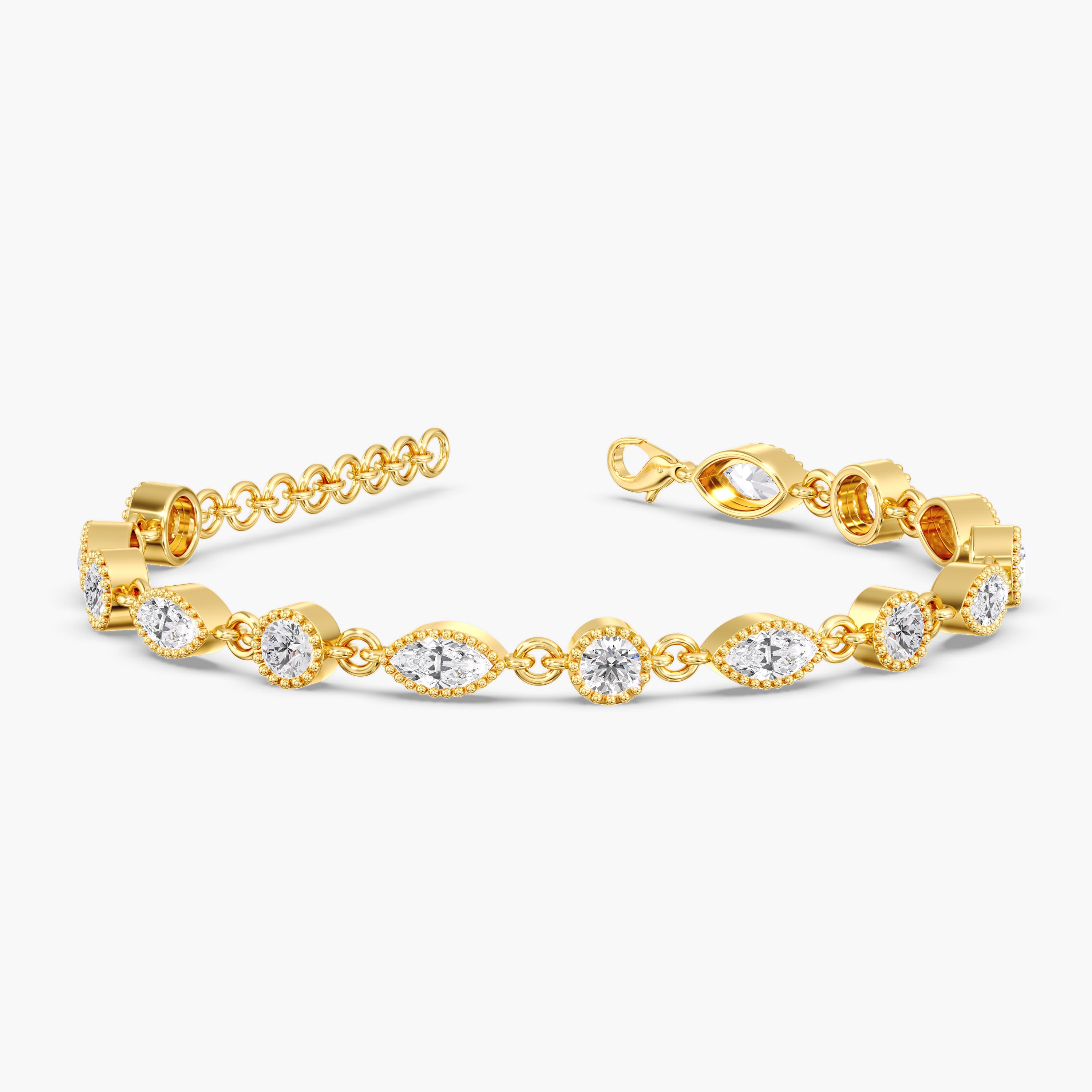 Lab Diamond Round & Marquise Stationary Bracelet 3 3/4 Ctw (3 3/4 ct. tw.), Angle view in yellow gold