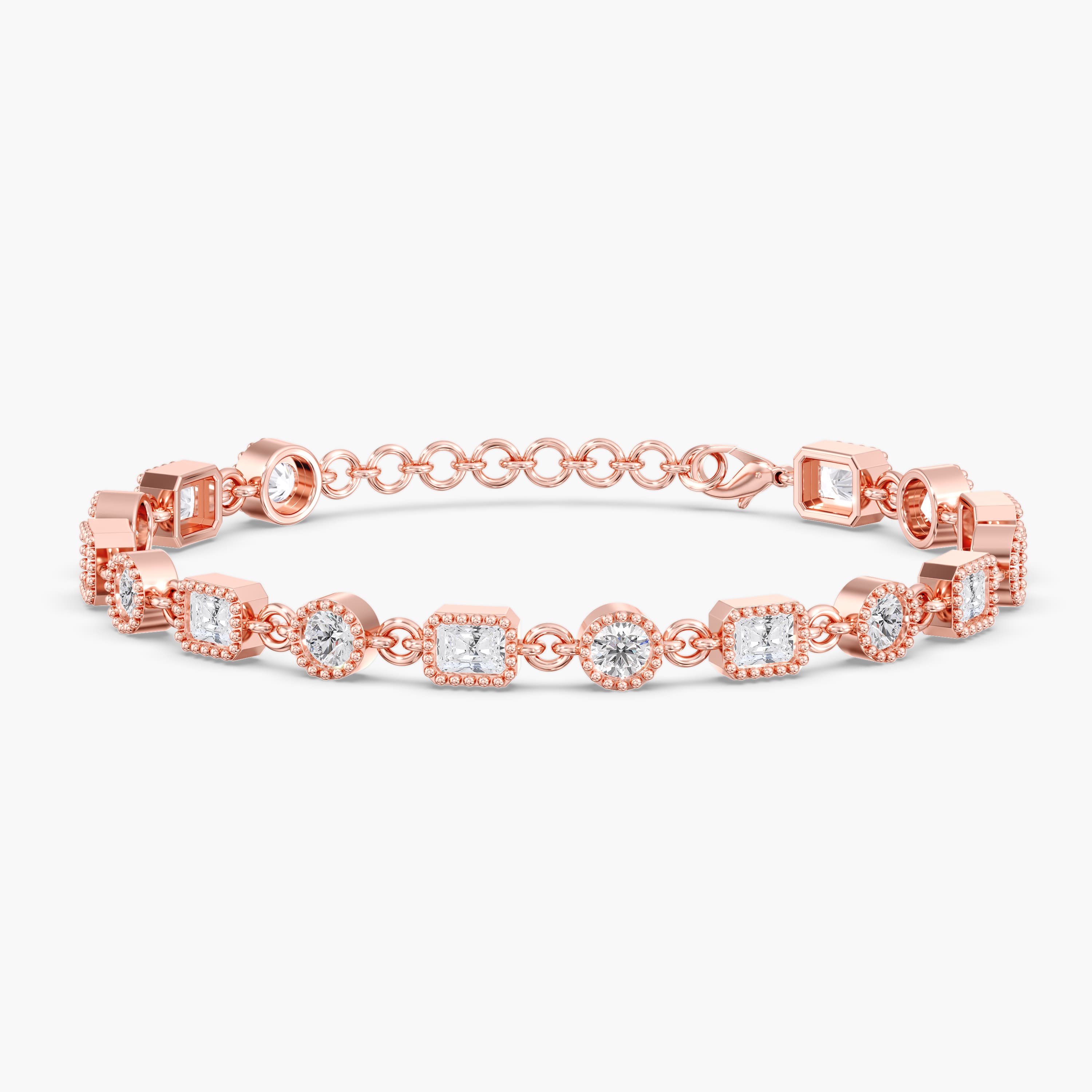 Lab Diamond Round & Radiant Stationary Bracelet 4 1/4 Ctw (4 1/4 ct. tw.), Front view in rose gold