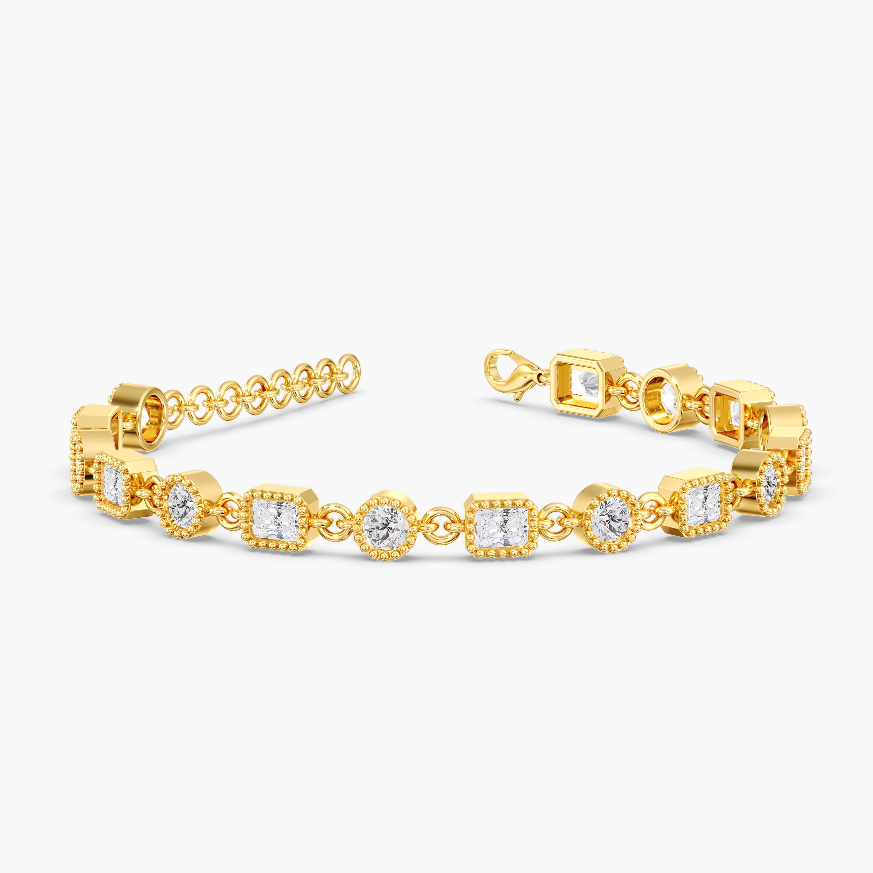 Lab Diamond Round & Radiant Stationary Bracelet 4 1/4 Ctw (4 1/4 ct. tw.), Angle view in yellow gold