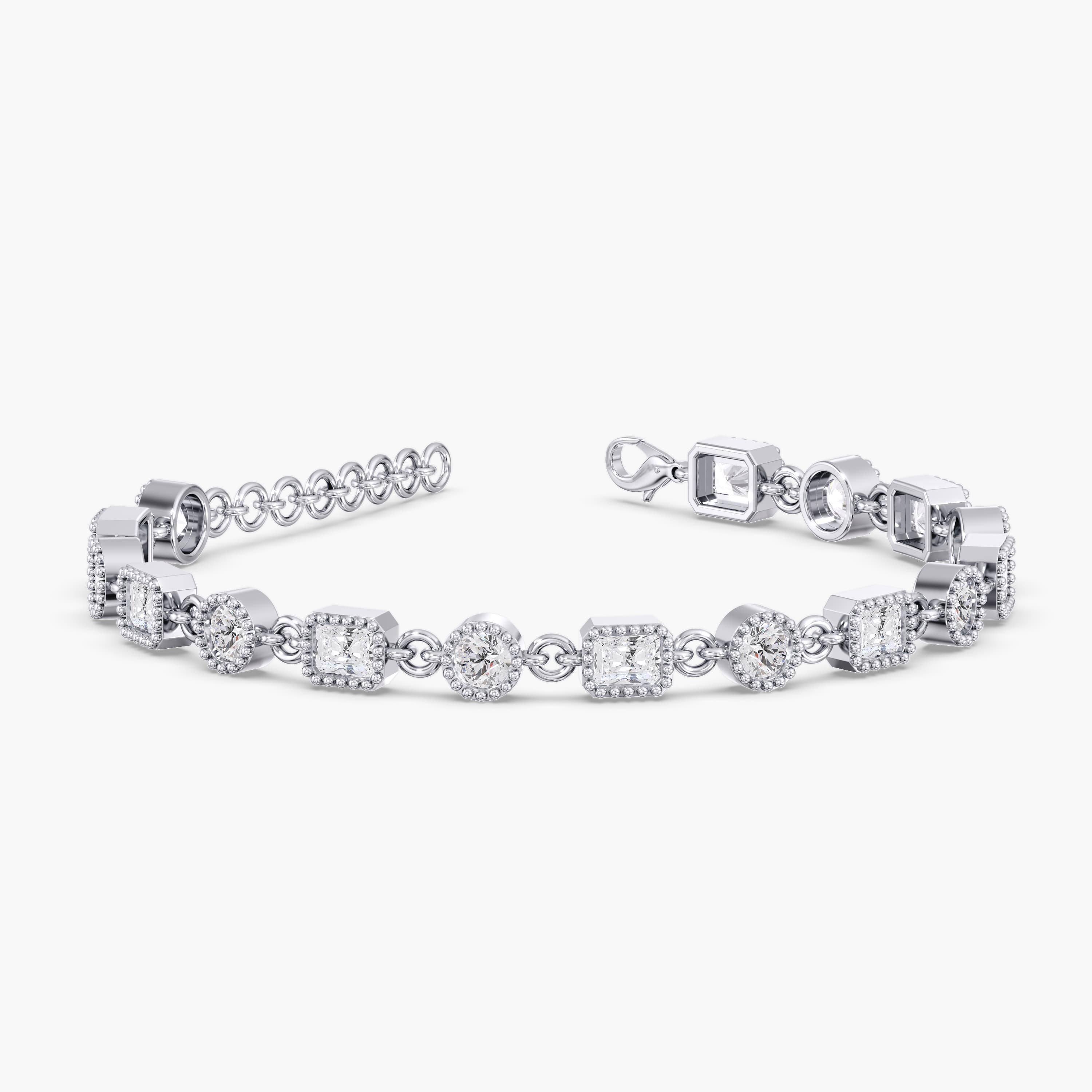Lab Diamond Round & Radiant Stationary Bracelet 4 1/4 Ctw (4 1/4 ct. tw.), Angle view in white gold or platinum