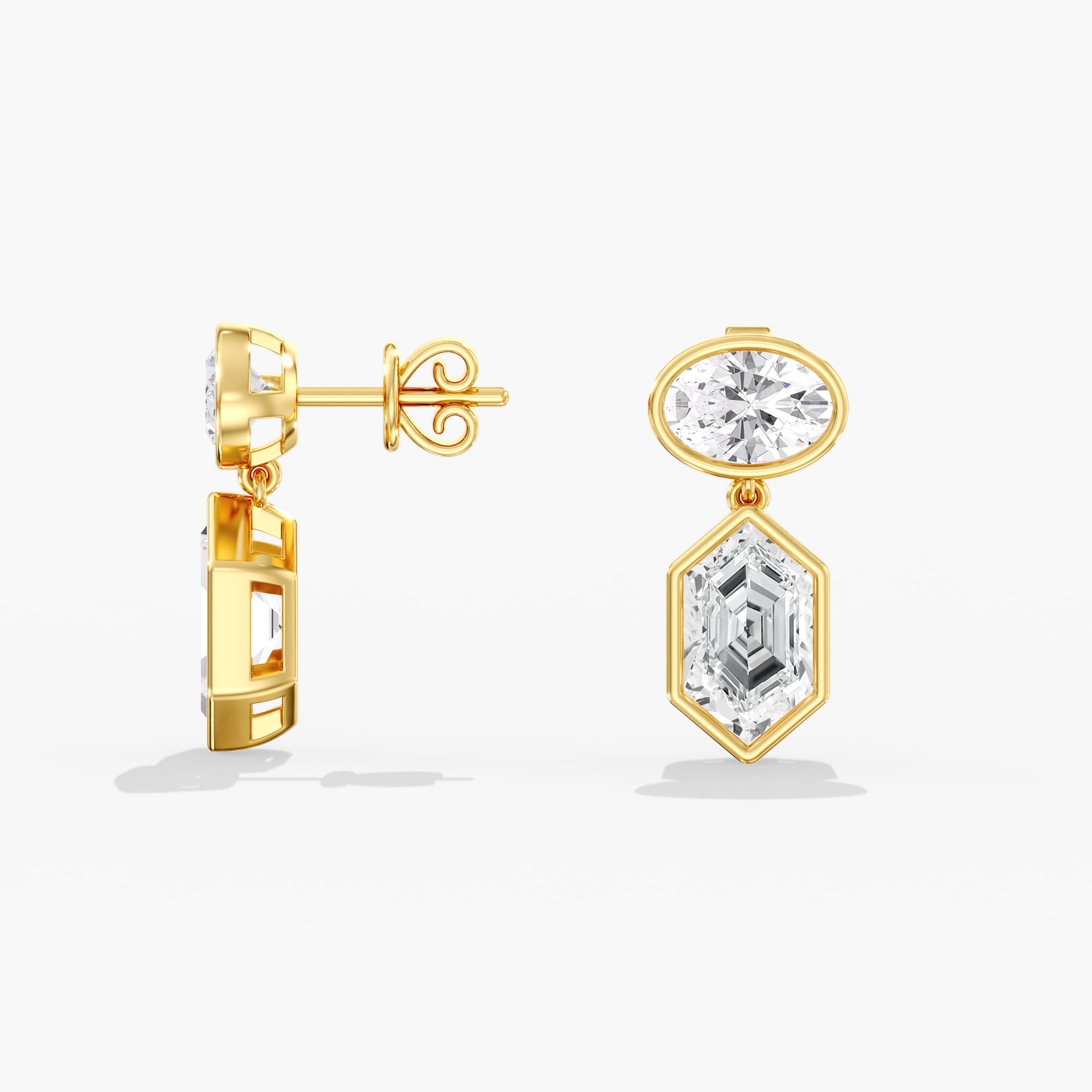Lab Diamond Oval And Dutch Marquise Bezel Earrings 6 Ctw (6 ct. tw.), Side view in yellow gold