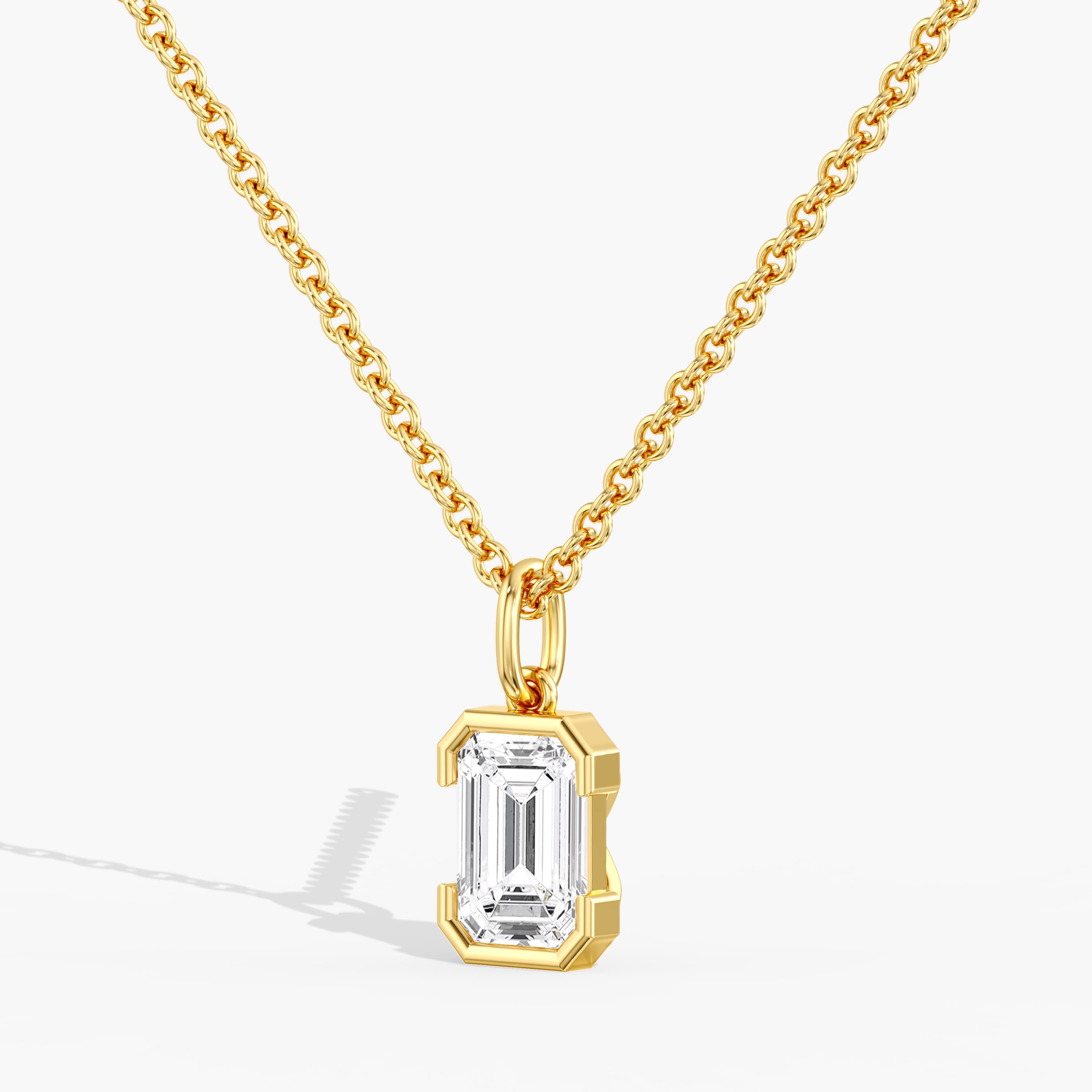 Lab Diamond Emerald Cut Half Bezel Pendant 2 Ctw (2 ct. tw.), Angle view in yellow gold